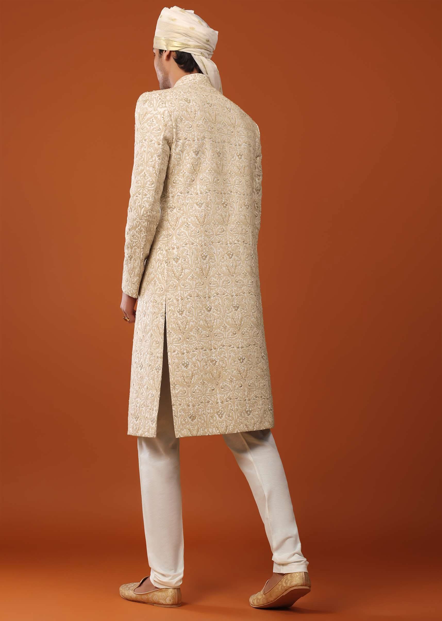 Beige White Sherwani Set In Silk With Threadwork - Image 7