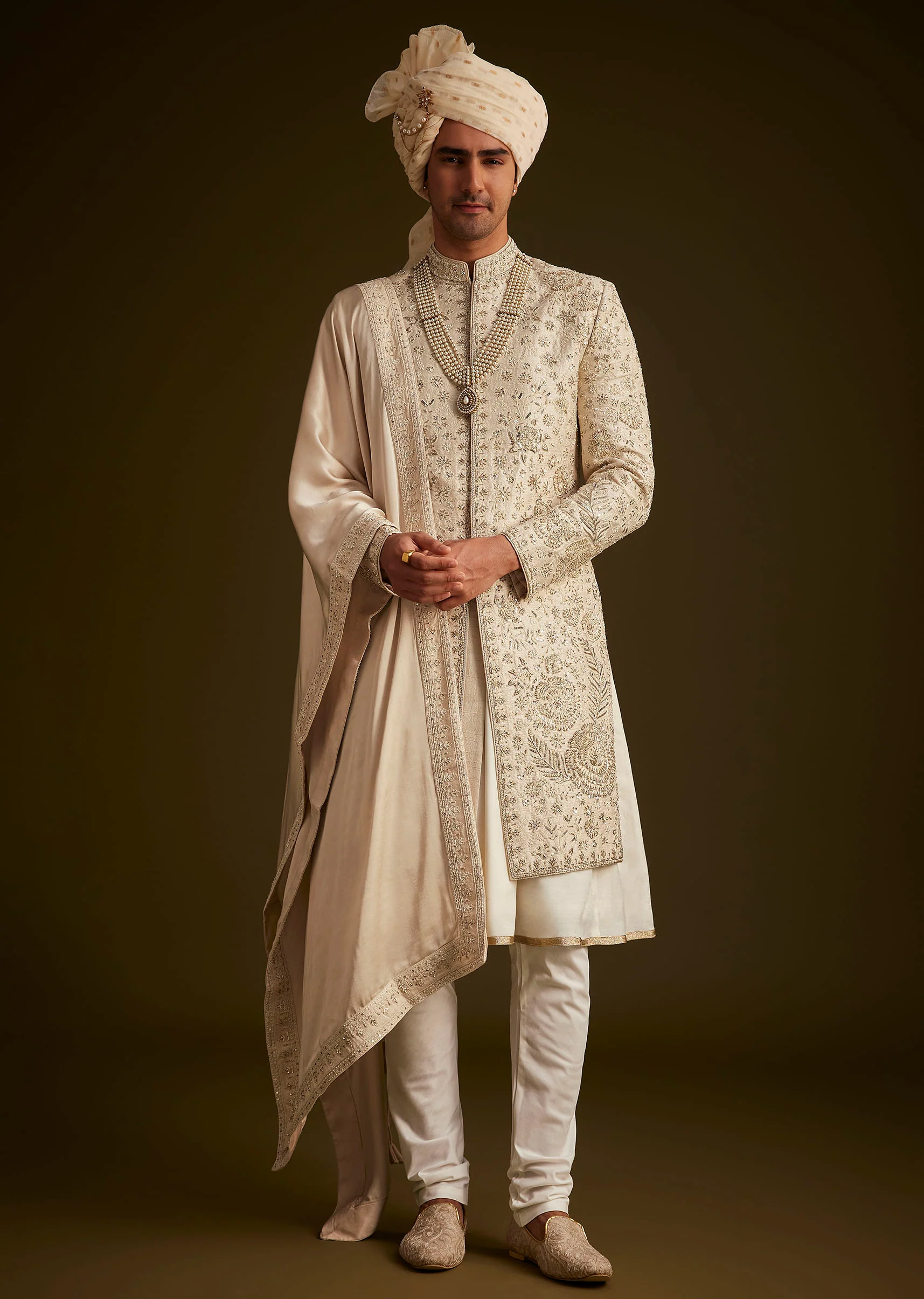 Beige Zardozi Embroidered Sherwani With Matching Dupatta - Image 2