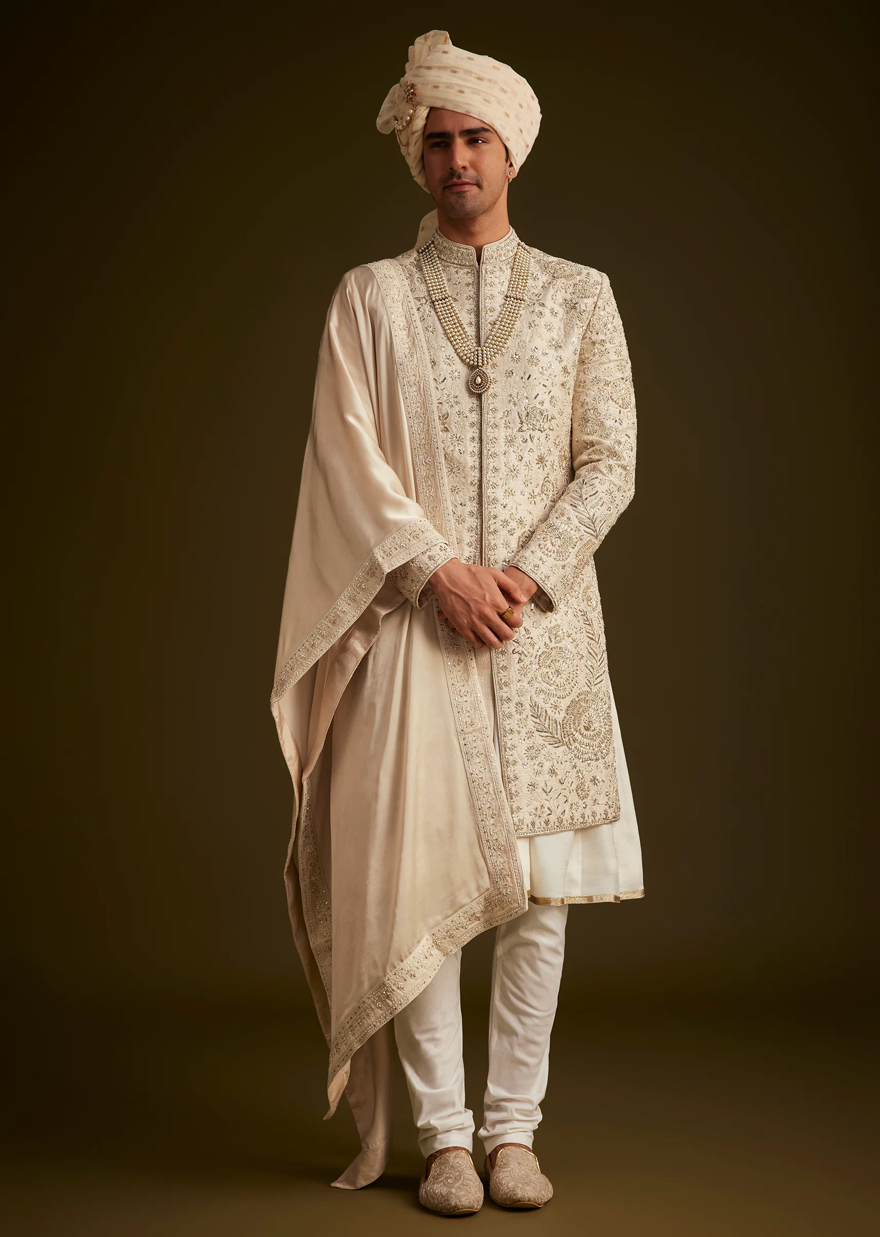 Beige Zardozi Embroidered Sherwani With Matching Dupatta - Image 4