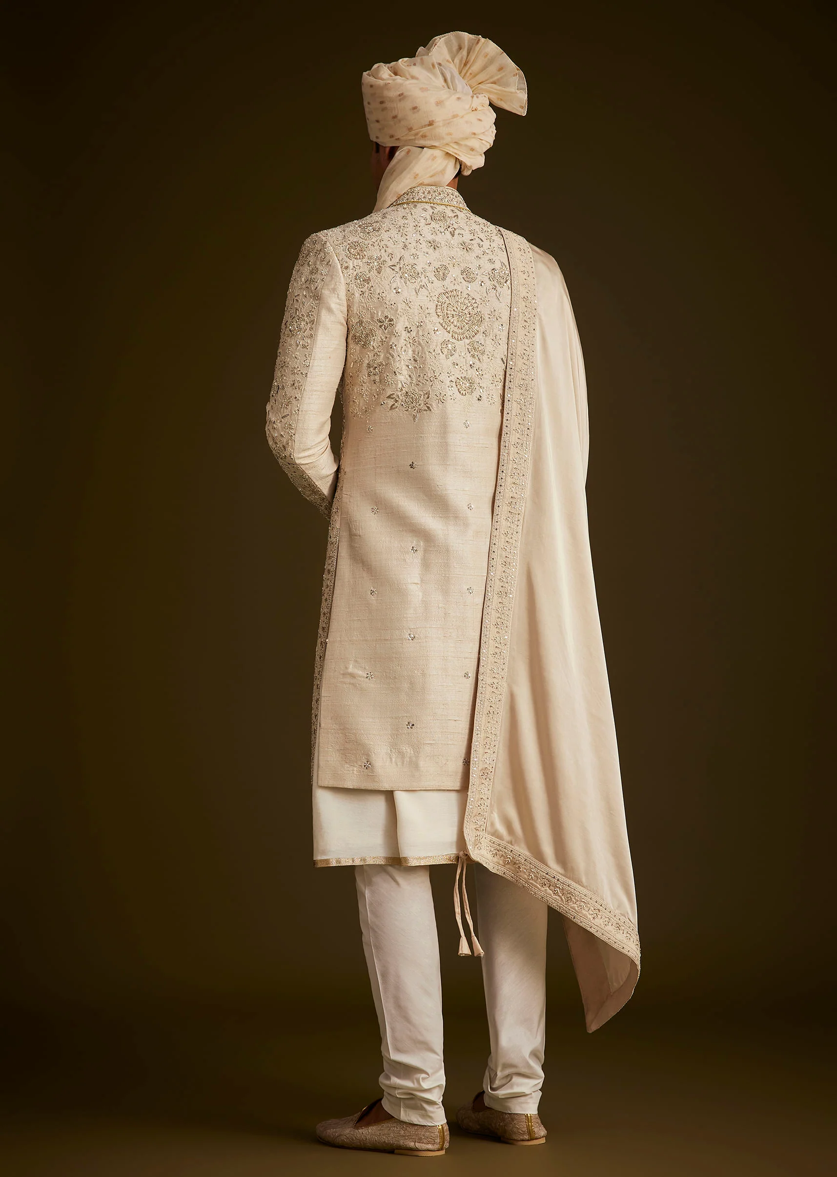 Beige Zardozi Embroidered Sherwani With Matching Dupatta - Image 5