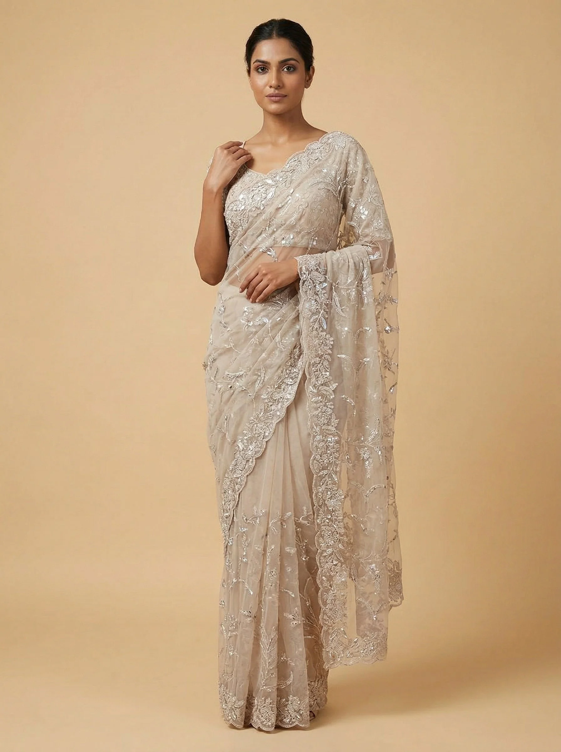 Bisque Beige Embroidered Saree
