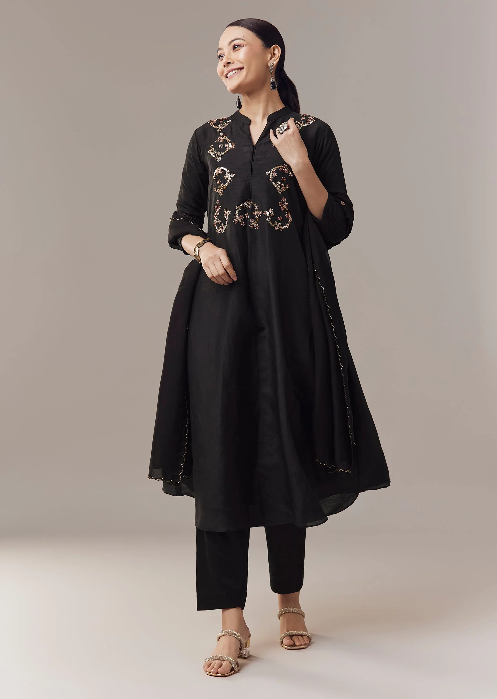 Black Anarkali Suit With French Knot And Zardosi Hand Work And Dupatta - Image 3