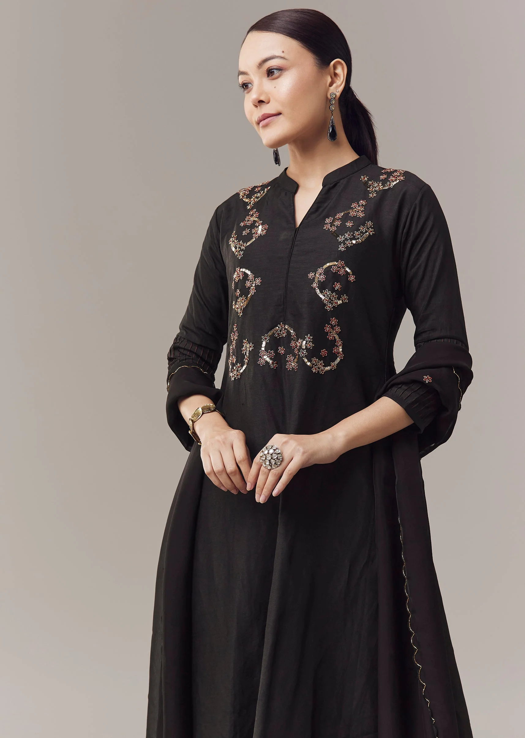 Black Anarkali Suit With French Knot And Zardosi Hand Work And Dupatta - Image 4