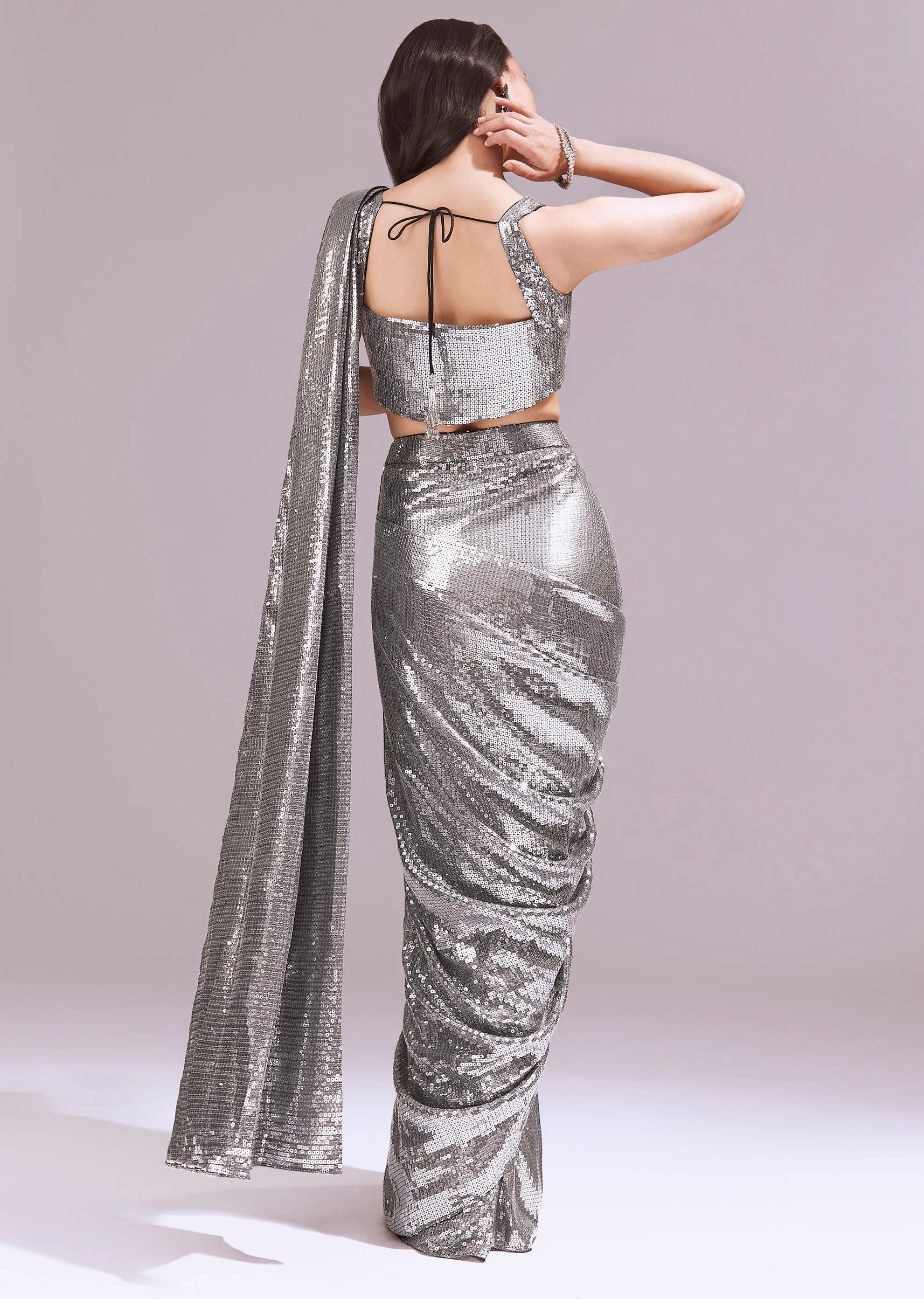 Black And Grey Ready Pleated Sequins Saree Set With Cowl Neck Blouse - Image 2
