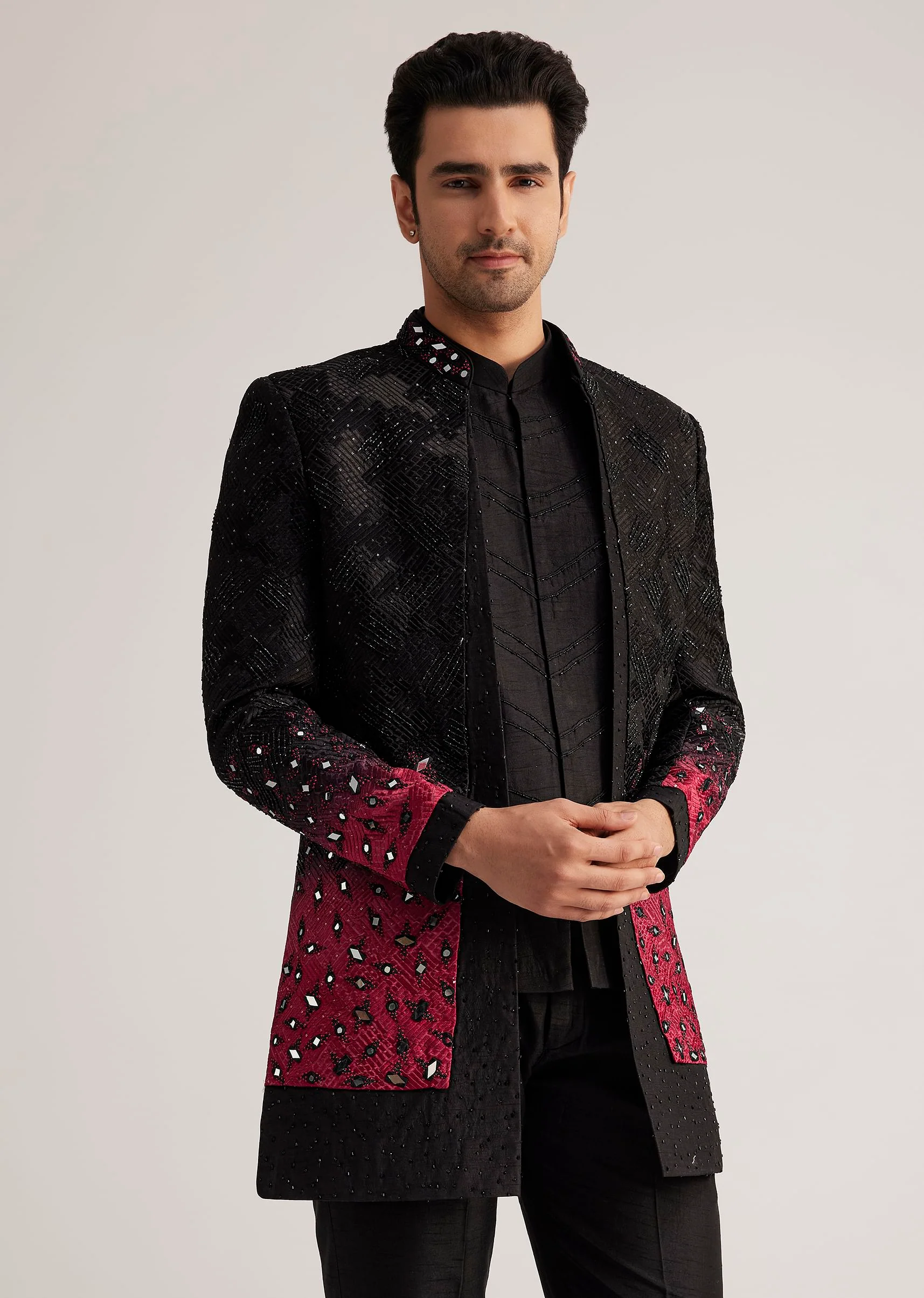 Black And Red Silk Jacket Set With Mirror And Thread Detailing