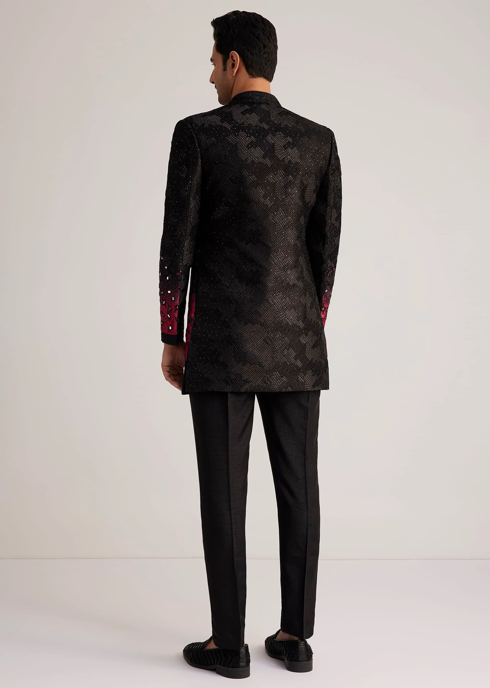 Black And Red Silk Jacket Set With Mirror And Thread Detailing - Image 5
