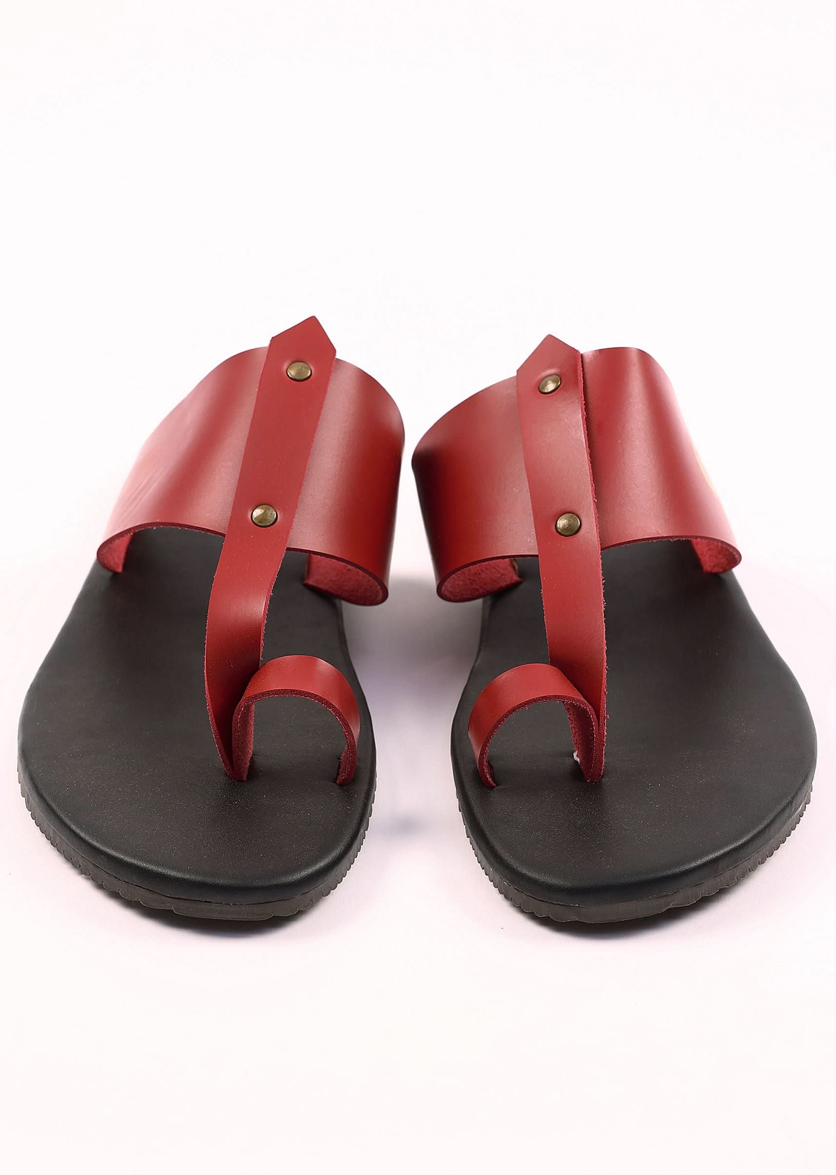Black And Red Strappy Slides For Men In Leather With Buttons - Image 2