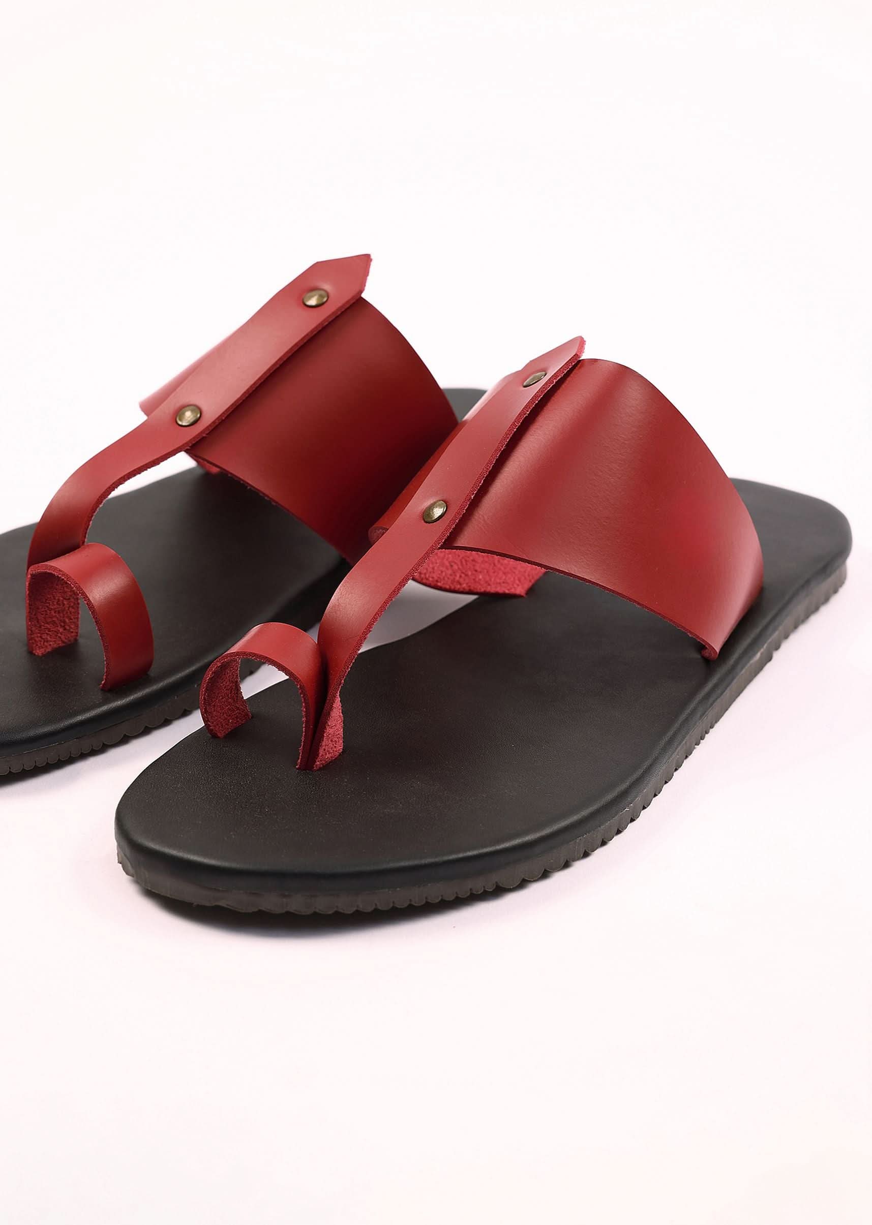 Black And Red Strappy Slides For Men In Leather With Buttons - Image 3