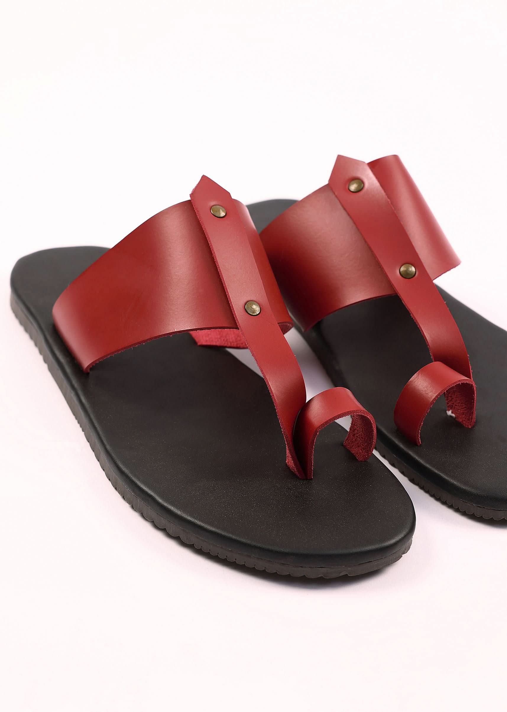 Black And Red Strappy Slides For Men In Leather With Buttons - Image 5