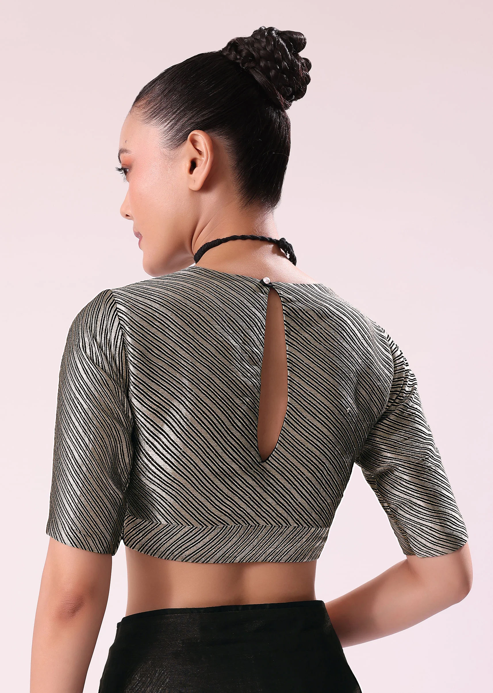 Black And Silver Half Striped Chanderi Saree And Stitched Blouse - Image 7