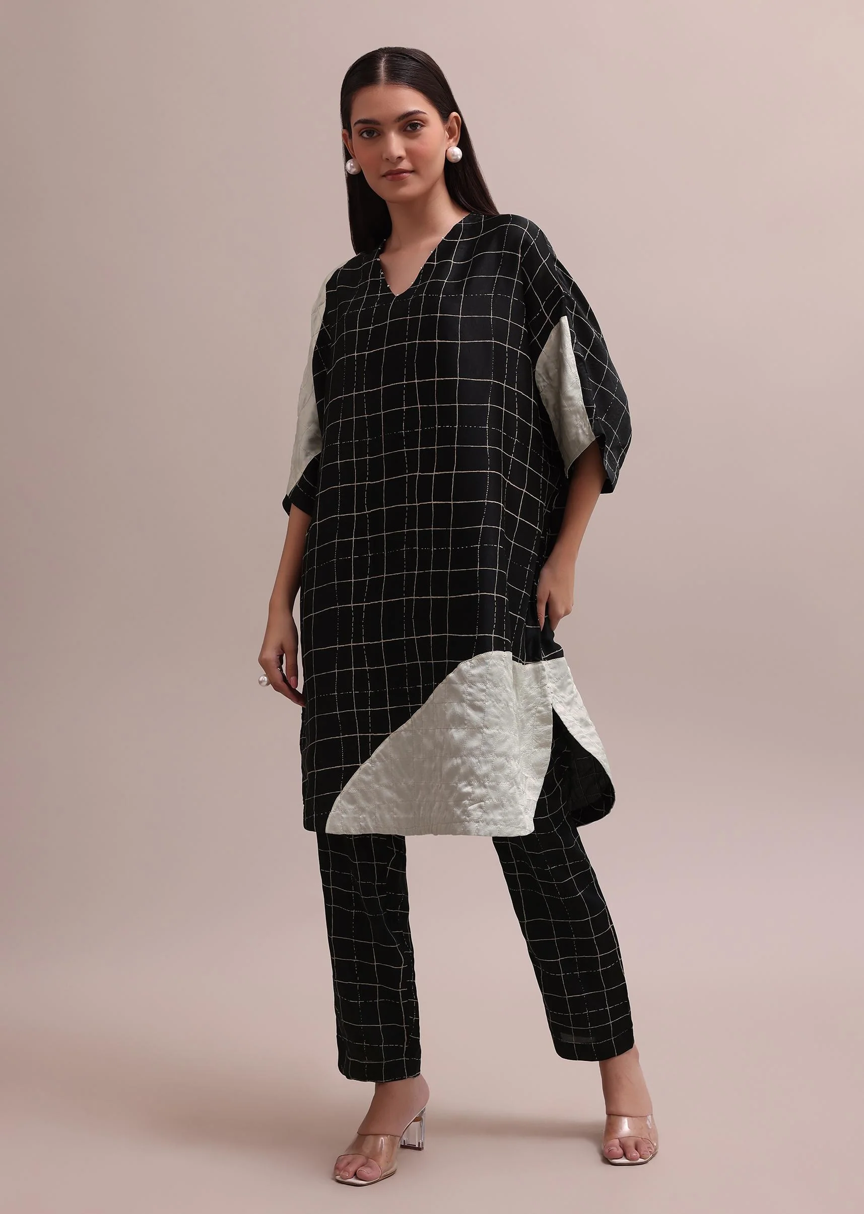 Black And White Checks Colour Block Woven Crepe Co-ord Set With Beads On Neckline - Image 3