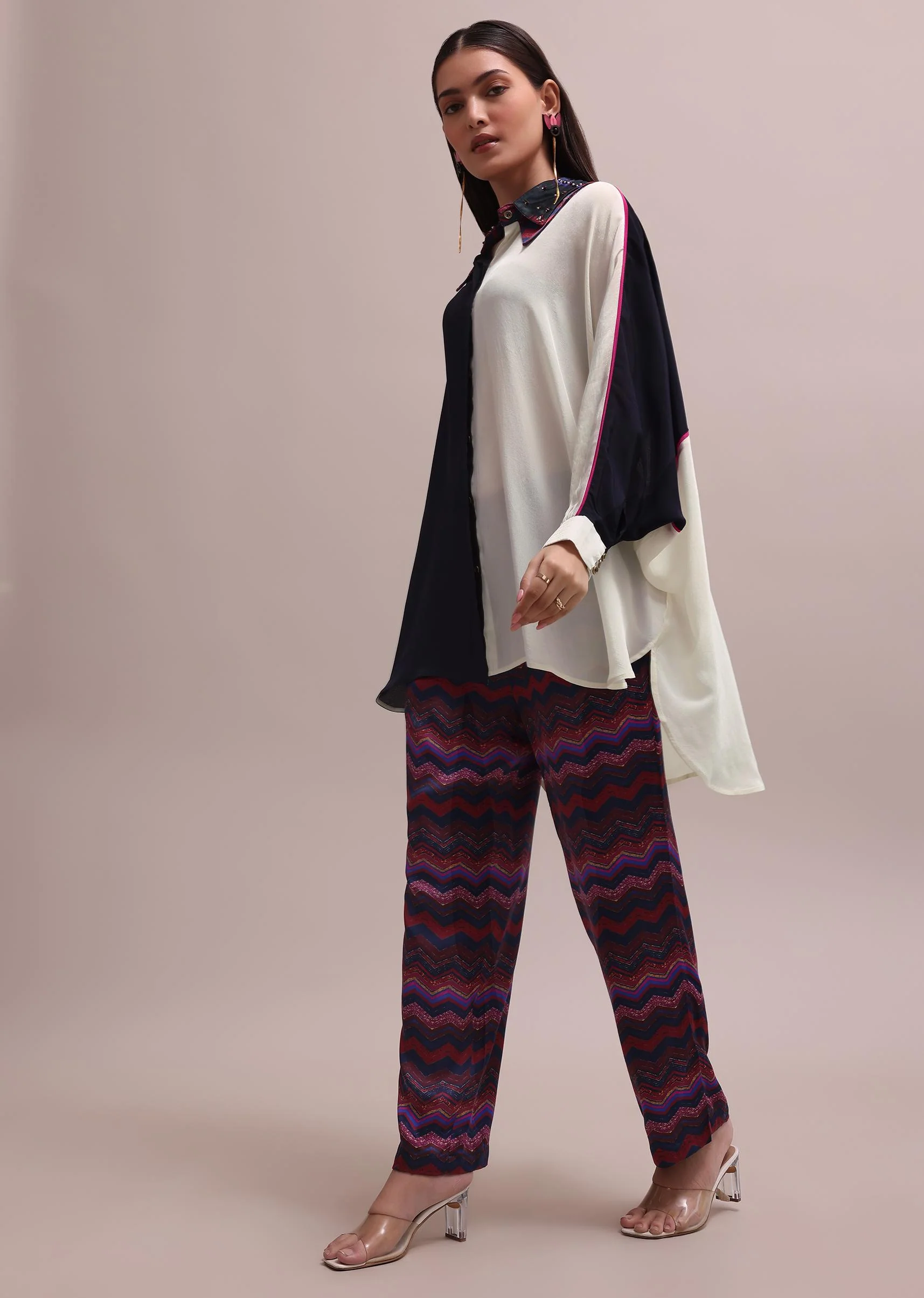 Black And White Color Block Kurta With Embroidered Collar And Striped Crepe Pants Set - Image 3