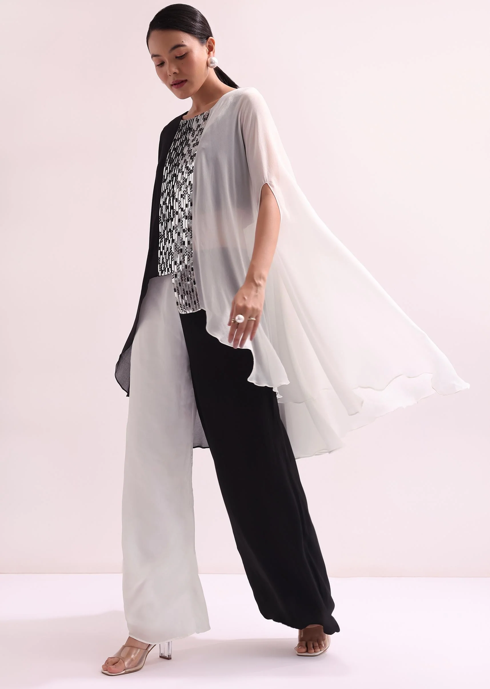 Black And White Embroidered Croptop And Palazzo Set - Image 3