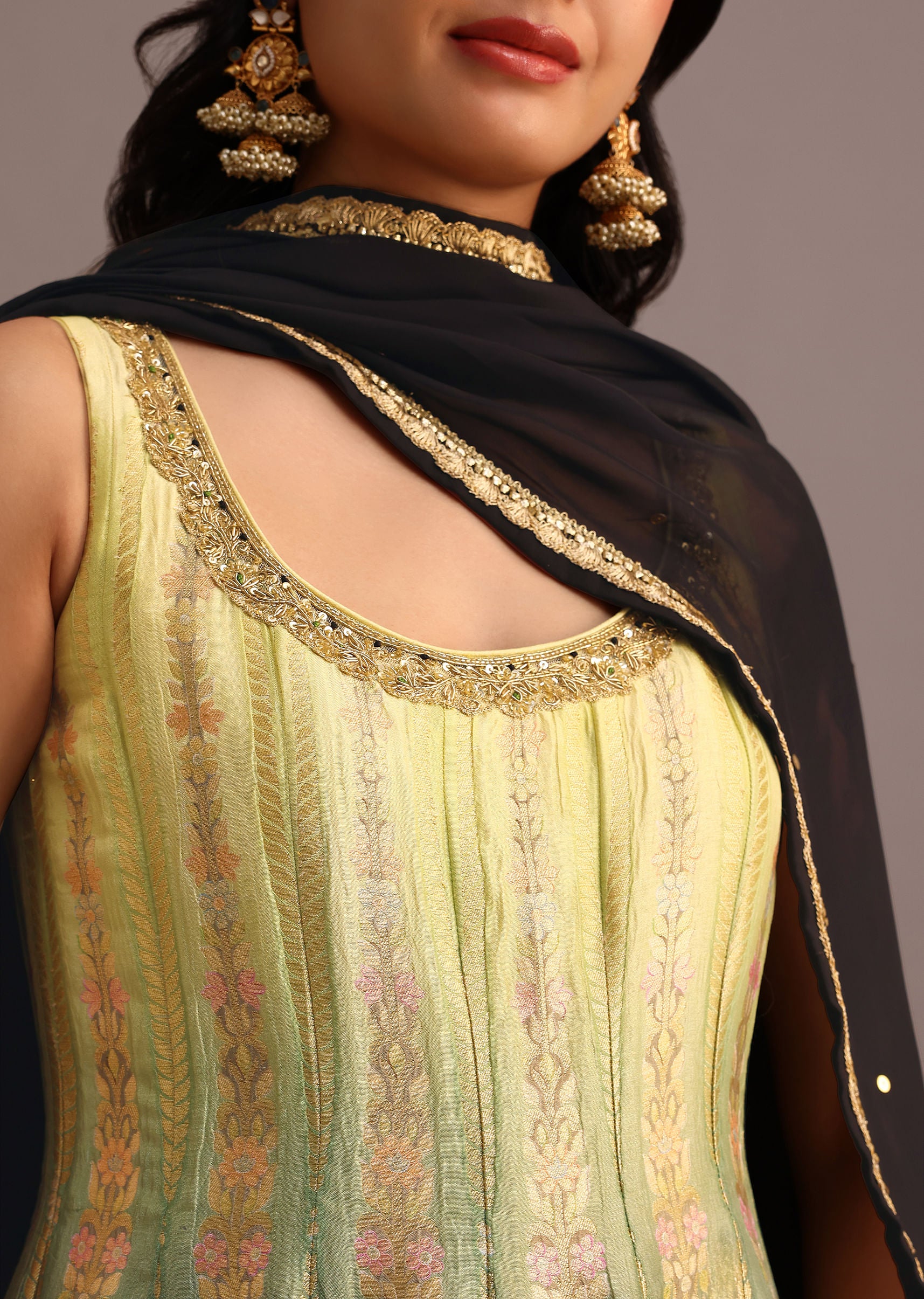 Black And Yellow Embroidered Kurti Palazzo Set With Organza Dupatta - Image 2
