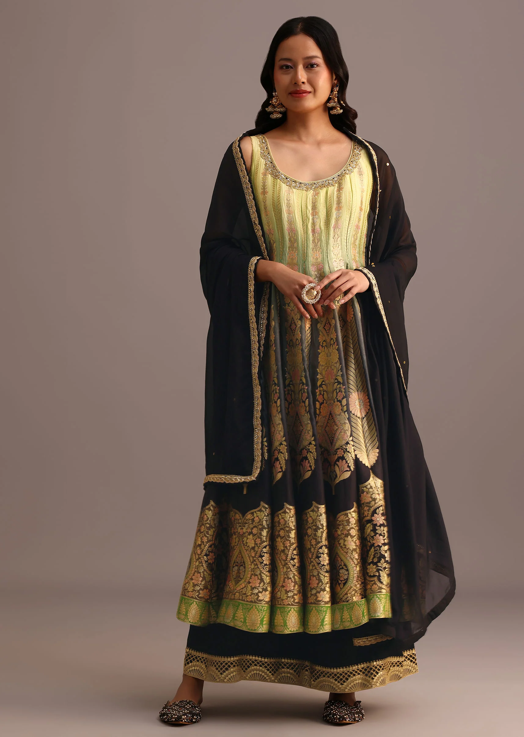 Black And Yellow Embroidered Kurti Palazzo Set With Organza Dupatta - Image 3