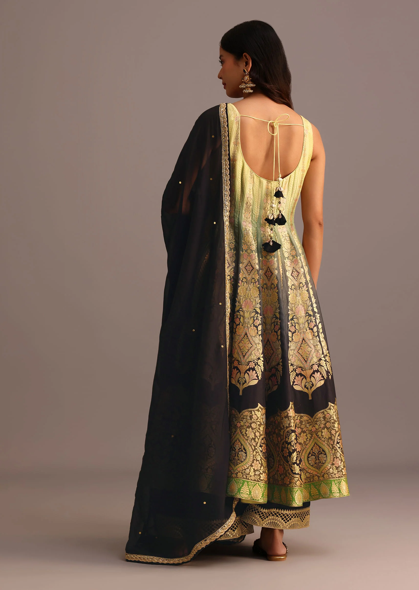Black And Yellow Embroidered Kurti Palazzo Set With Organza Dupatta - Image 5