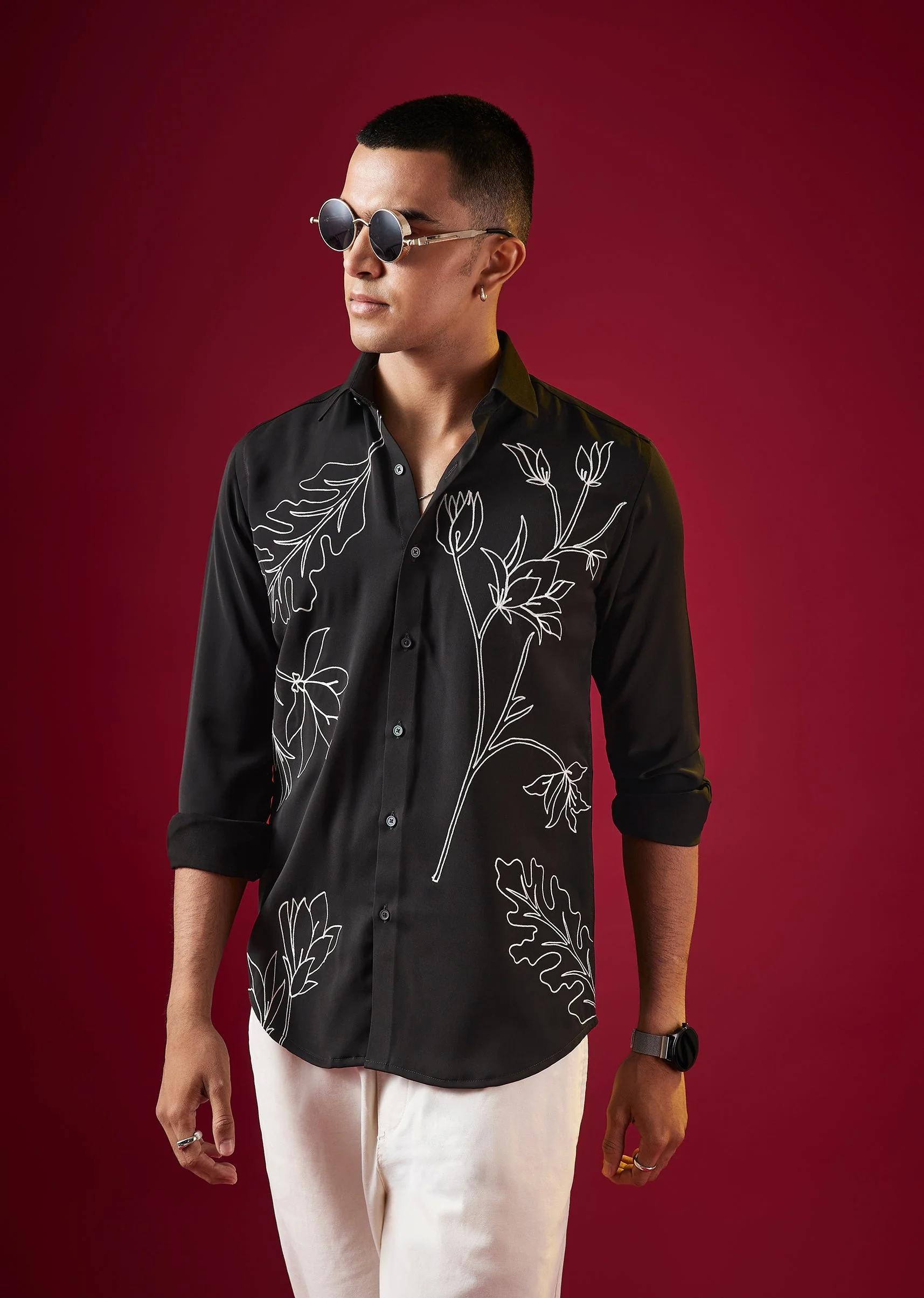 Black Applique Embroidered Floral Mens Shirt - Image 4