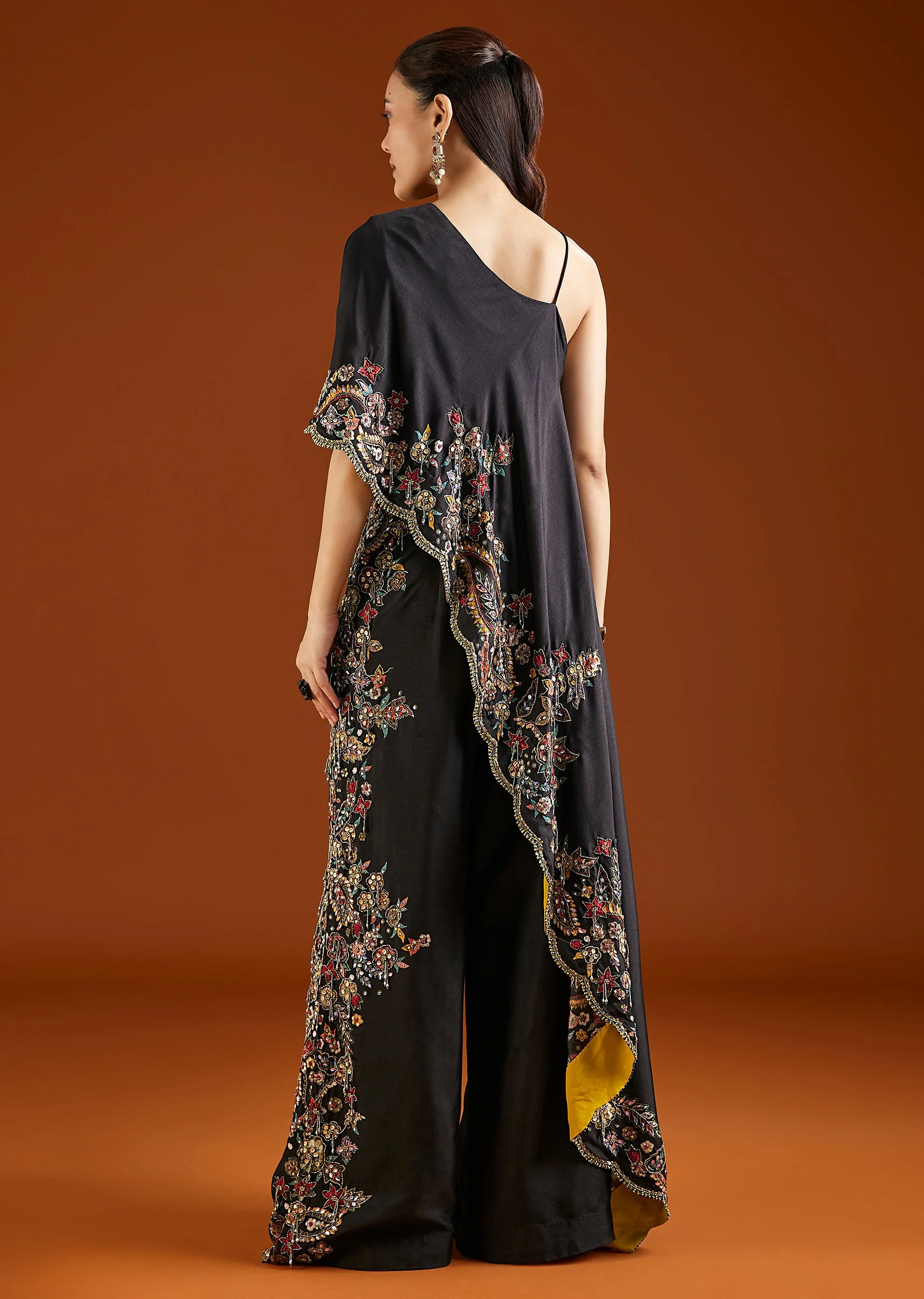 Black Asymmetric Silk Blend Crop Top Palazzo Set - Image 5