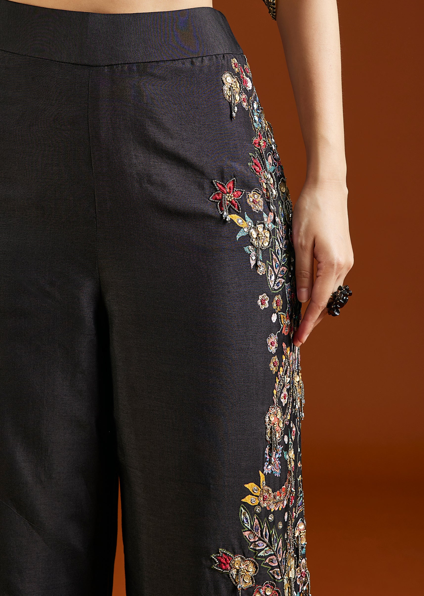 Black Asymmetric Silk Blend Crop Top Palazzo Set - Image 6