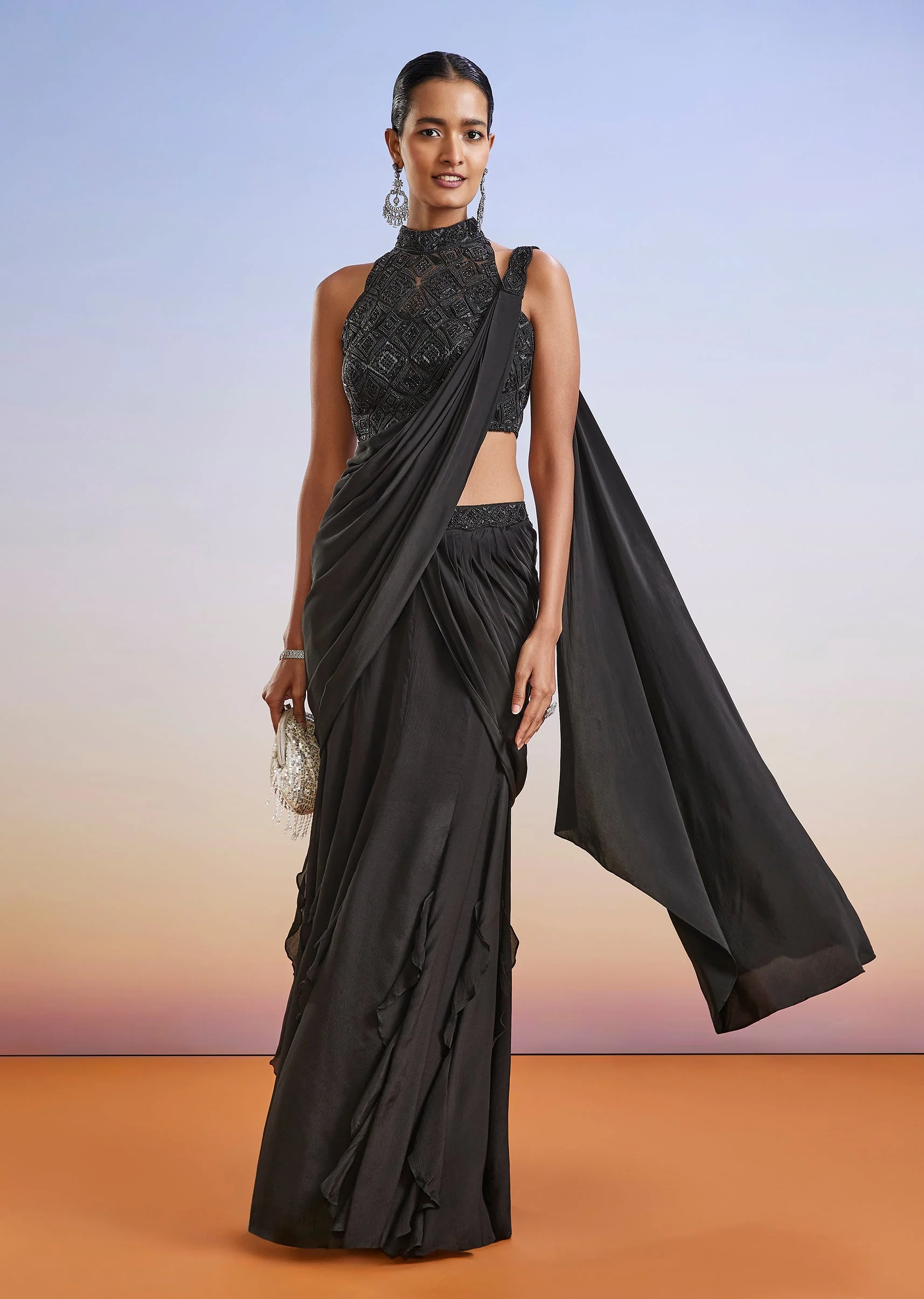 Black Beaded Embroidered Ready Pleated Saree With Blouse - Image 3