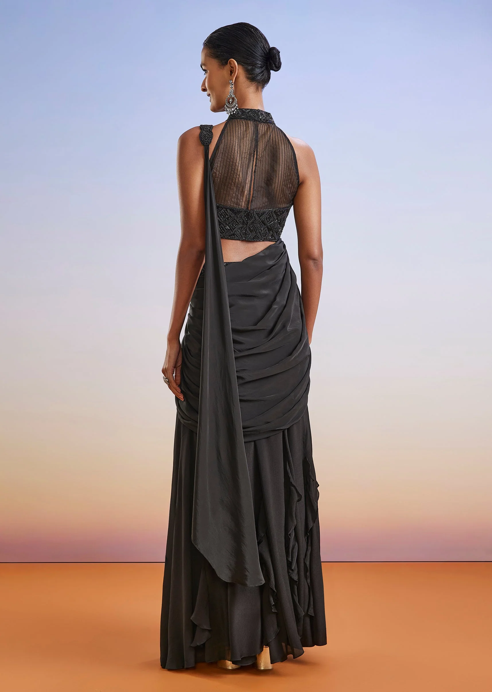 Black Beaded Embroidered Ready Pleated Saree With Blouse - Image 5