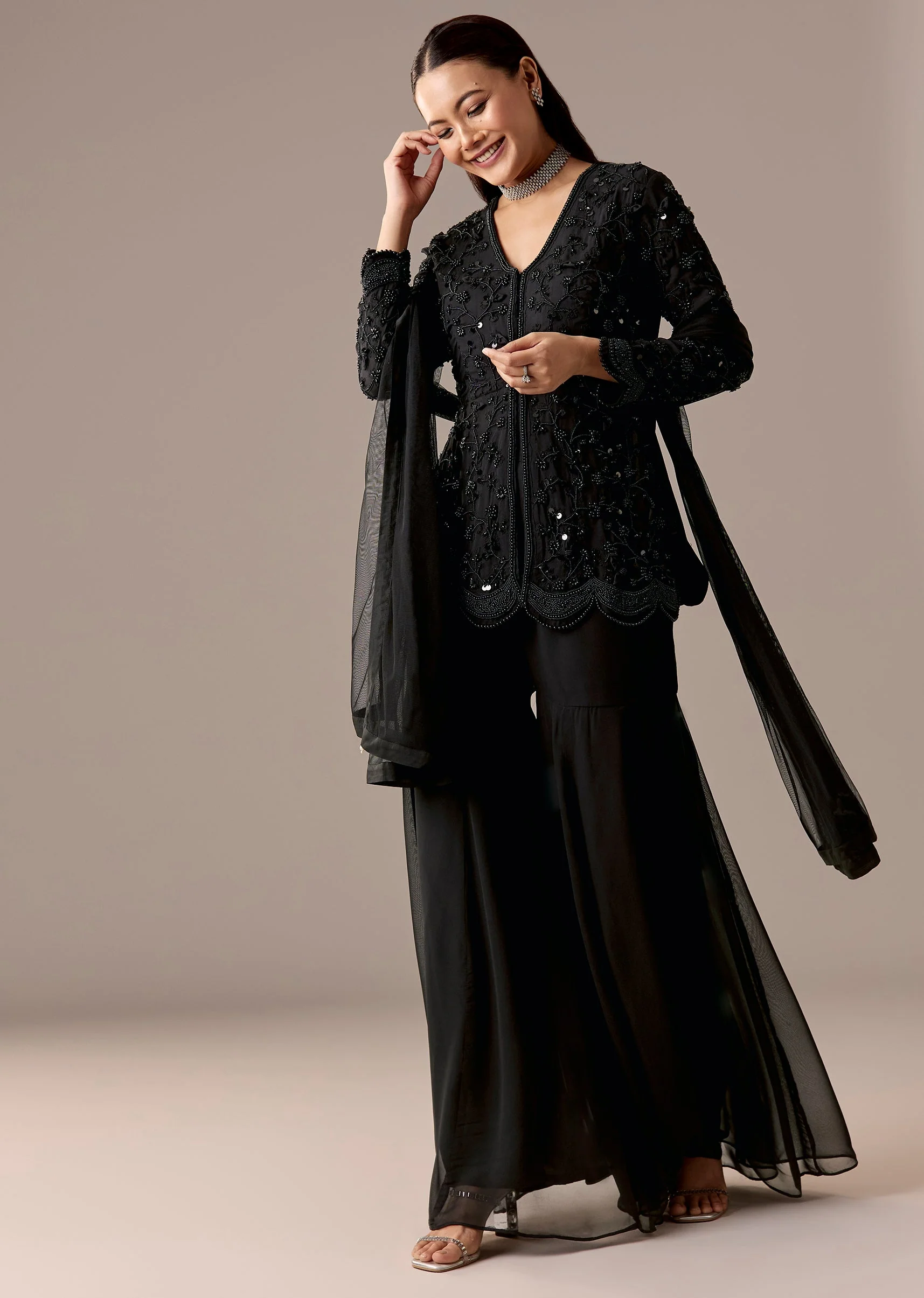 Black Beaded Peplum Sharara Set - Image 3