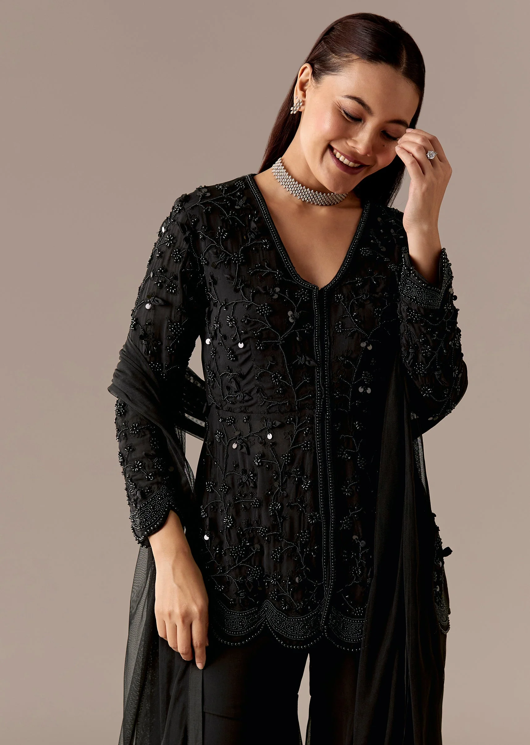 Black Beaded Peplum Sharara Set - Image 4