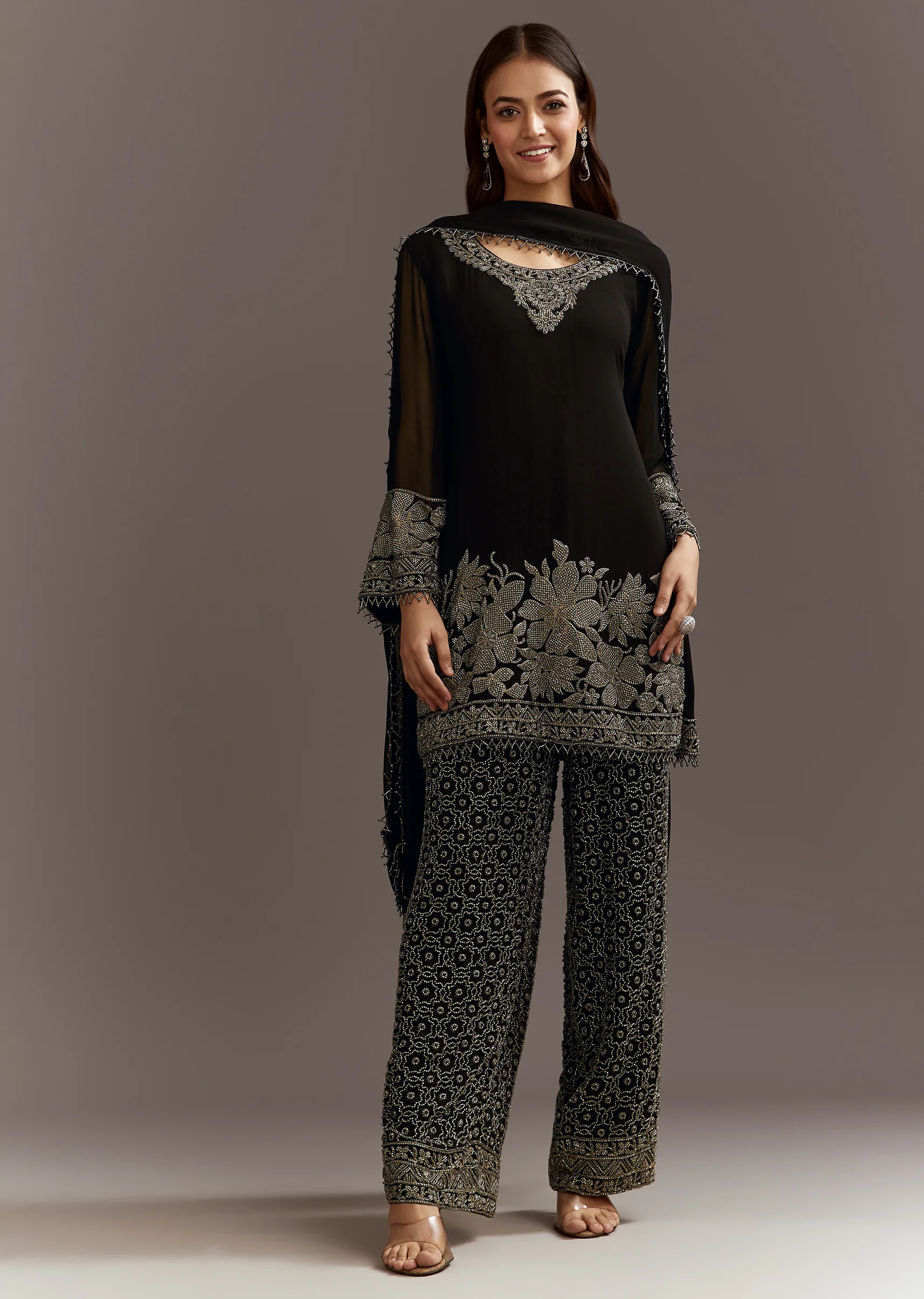 Black Beads Work Kurta Dupatta Set With Fully Beaded Pant - Image 4