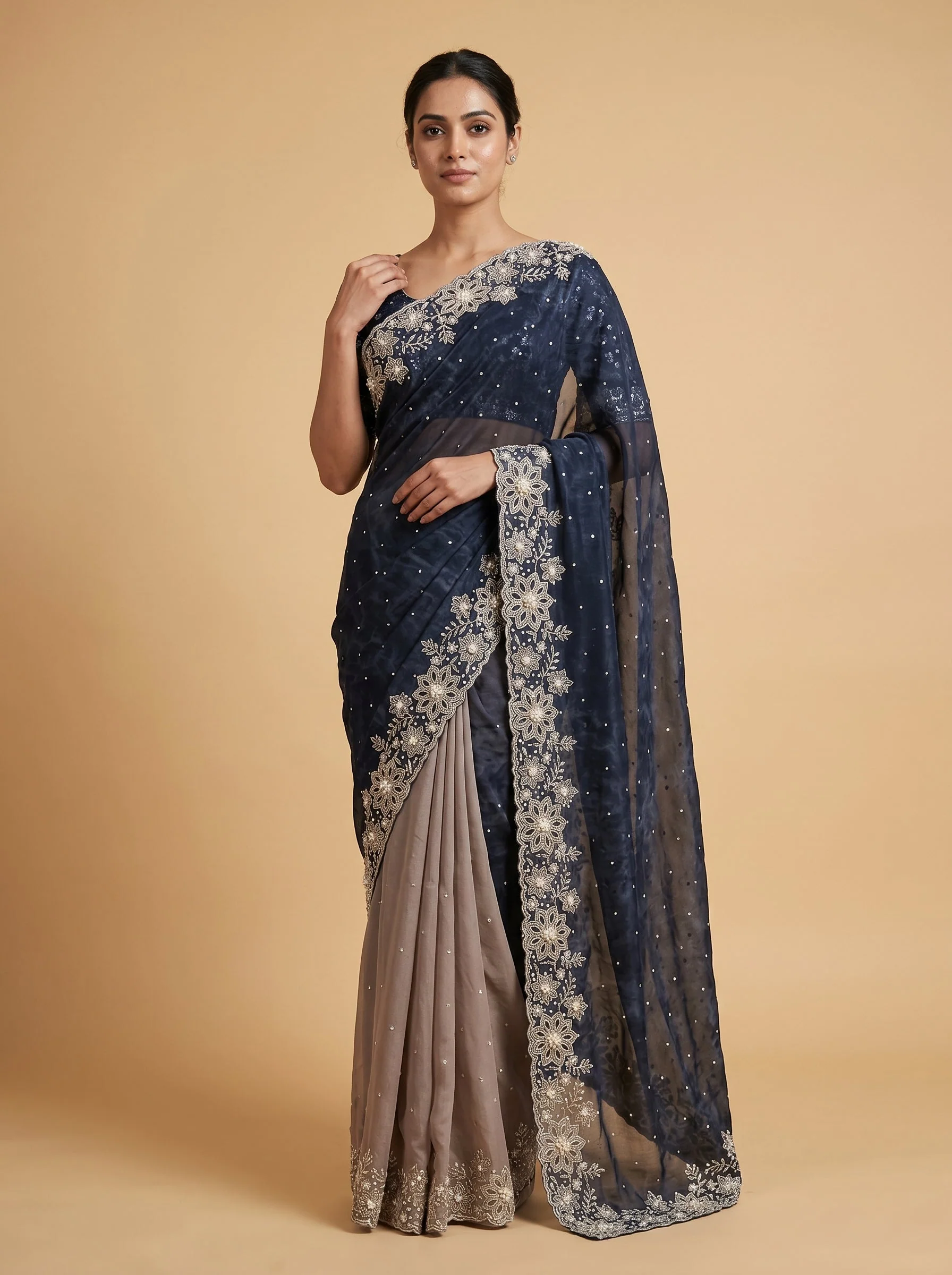 Black Beige Sand Contrast Embroidered Saree