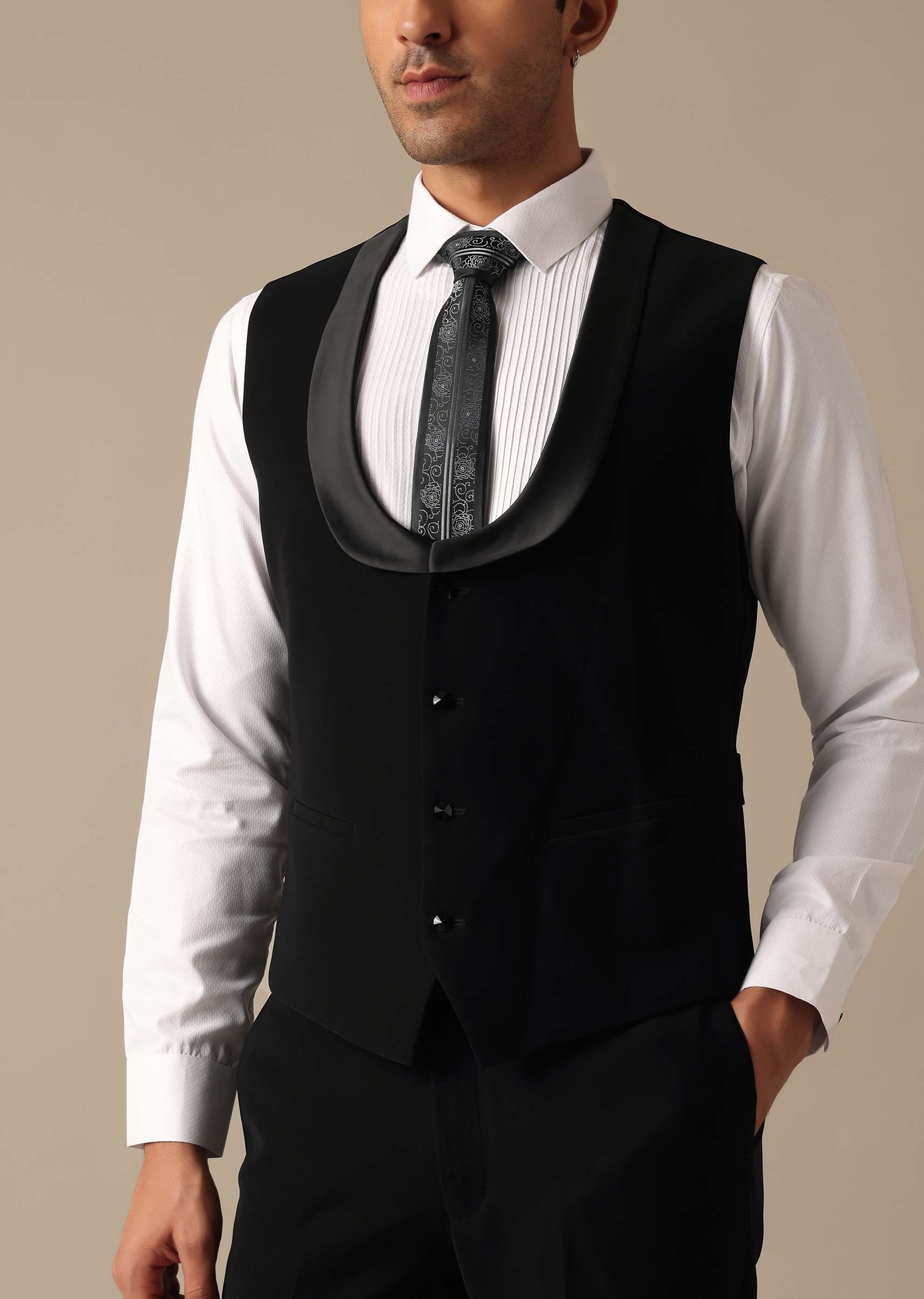 Black Blazer And Pant Set Tuxedo With Cutwork Detail - Image 13