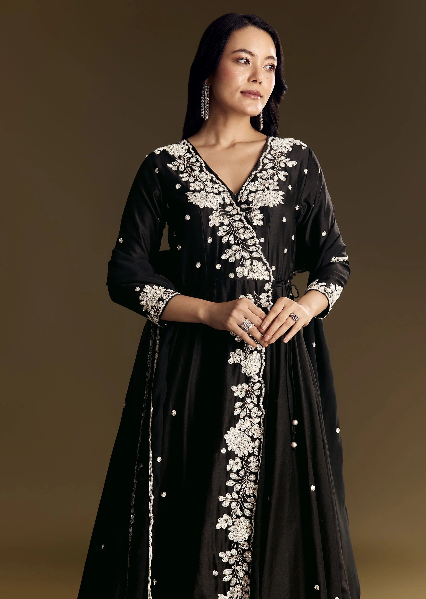 Black Chanderi Anarkali Suit With Moti And Sequins Work - Image 3