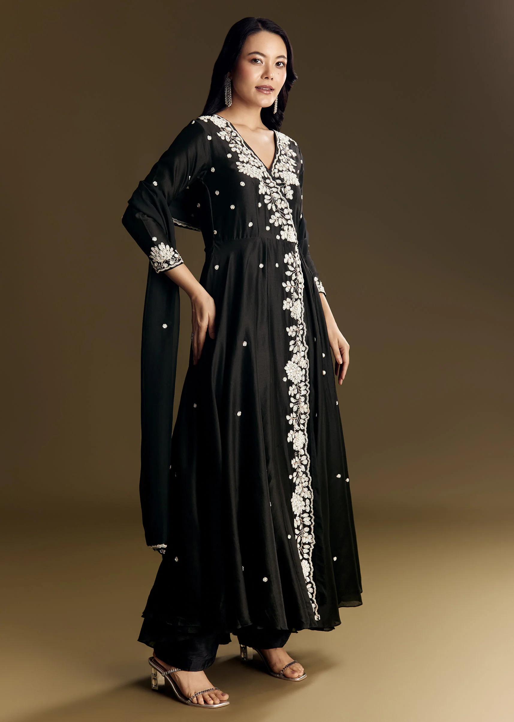 Black Chanderi Anarkali Suit With Moti And Sequins Work - Image 4