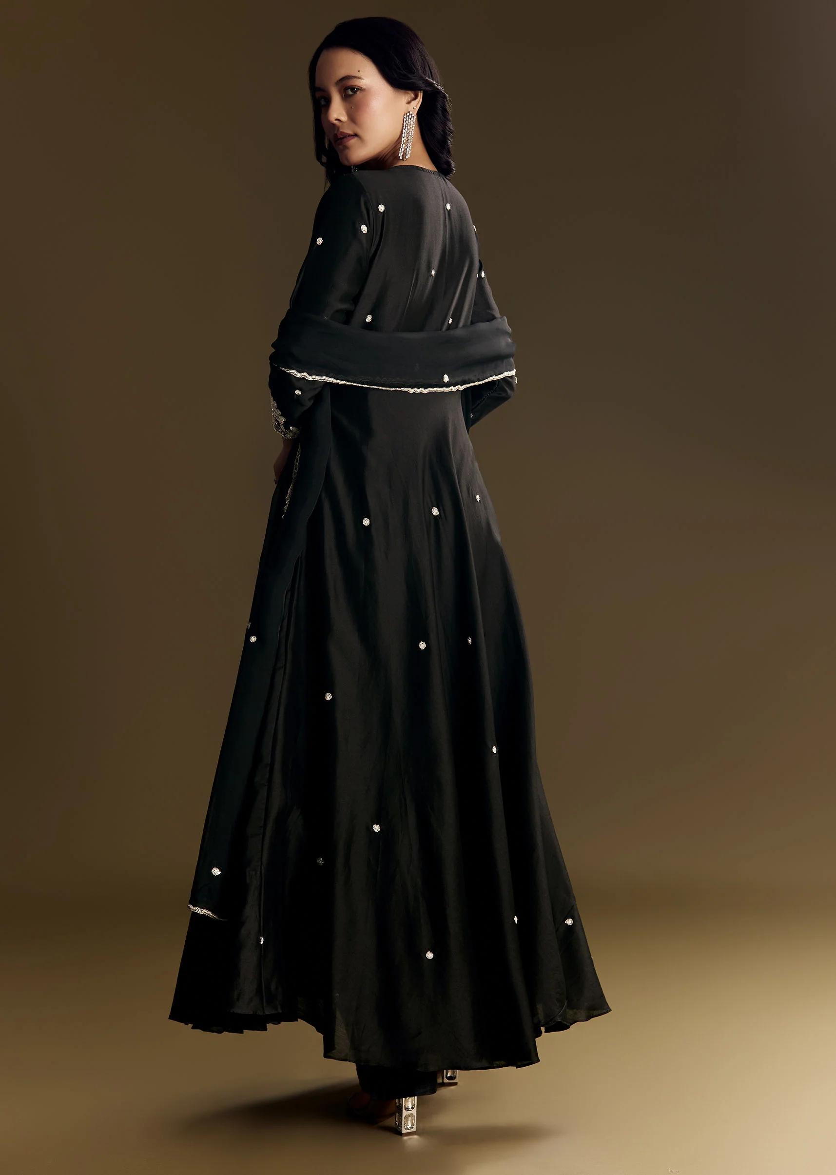 Black Chanderi Anarkali Suit With Moti And Sequins Work - Image 5