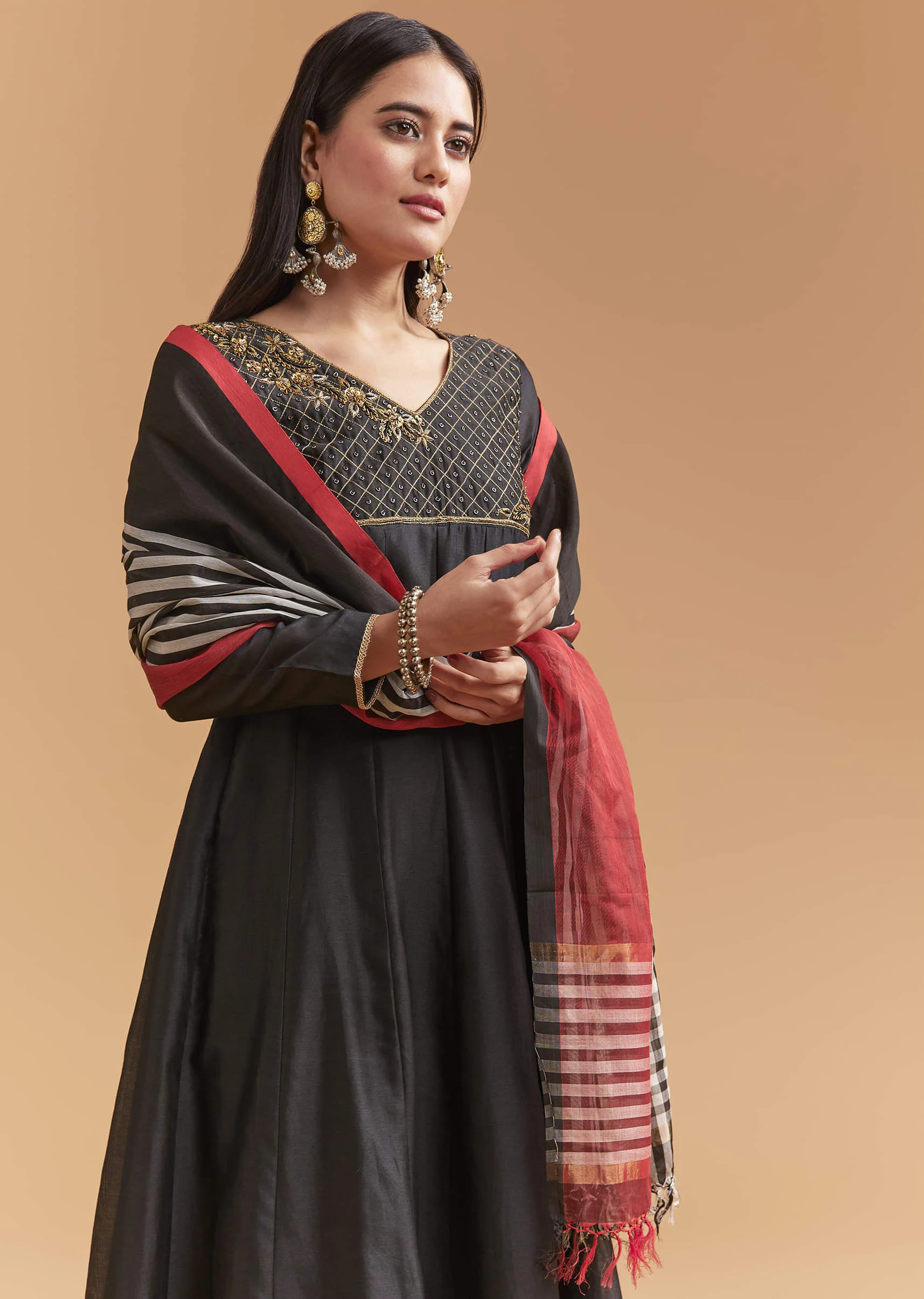 Black Chanderi Anarkali Suit With Zari And Sequins Embroidery - Image 4