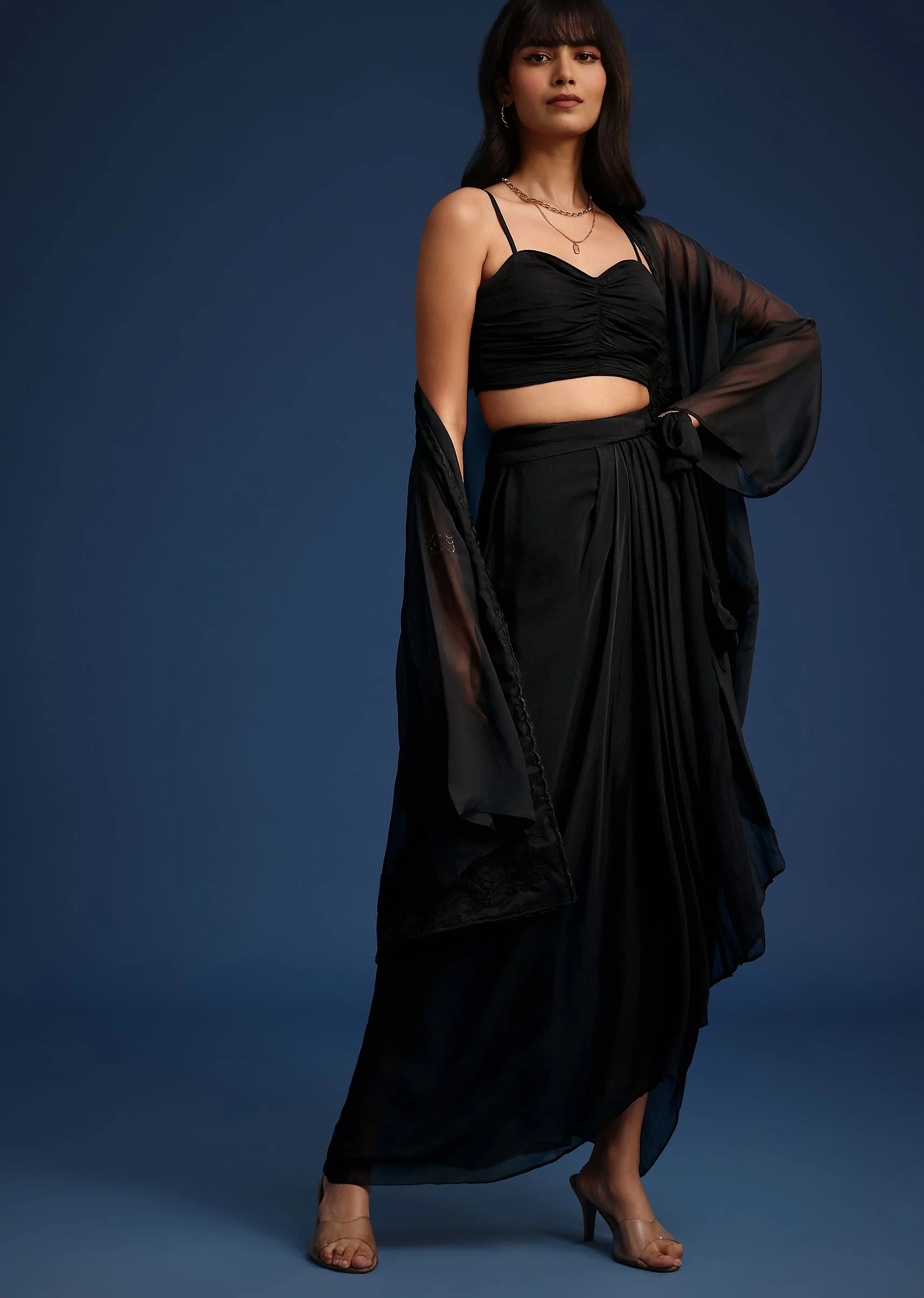 Black Chiffon Asymmetrical Skirt And Jacket Set - Image 3