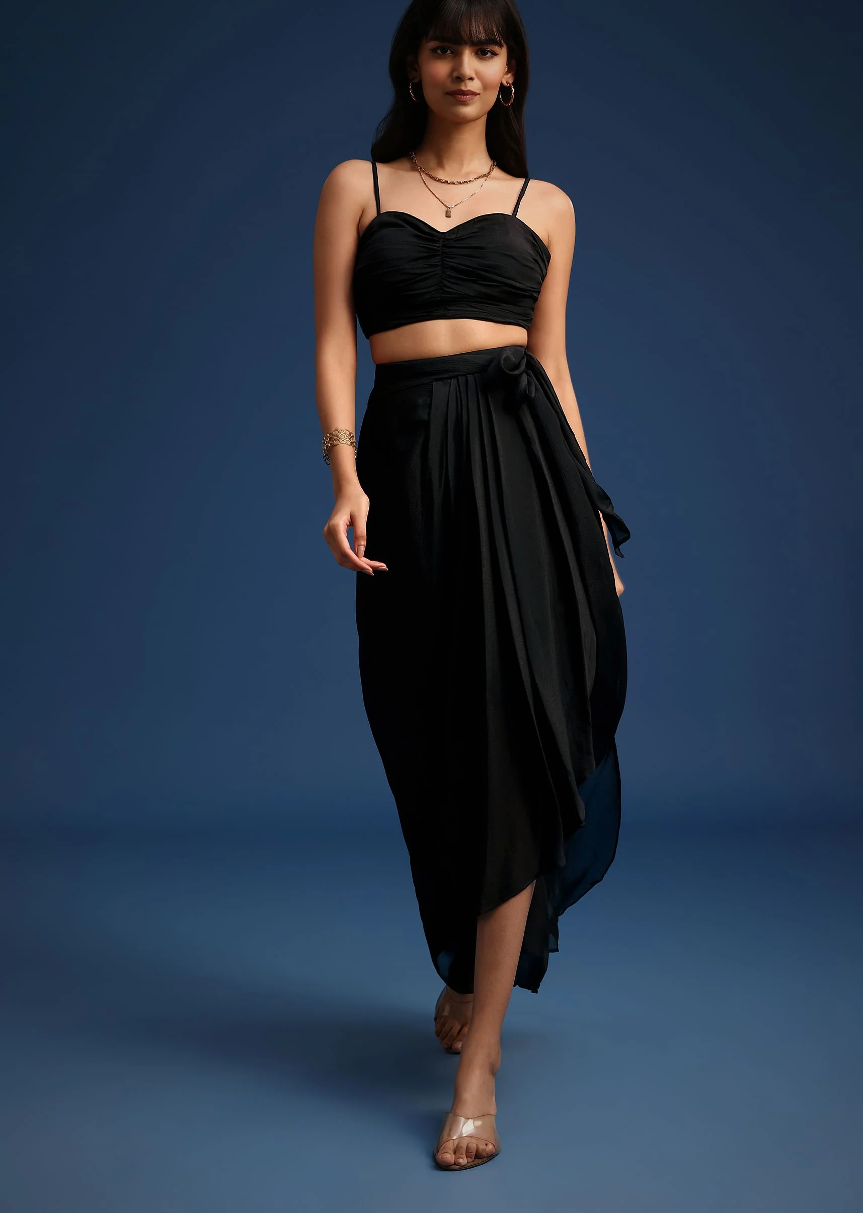 Black Chiffon Asymmetrical Skirt And Jacket Set - Image 4