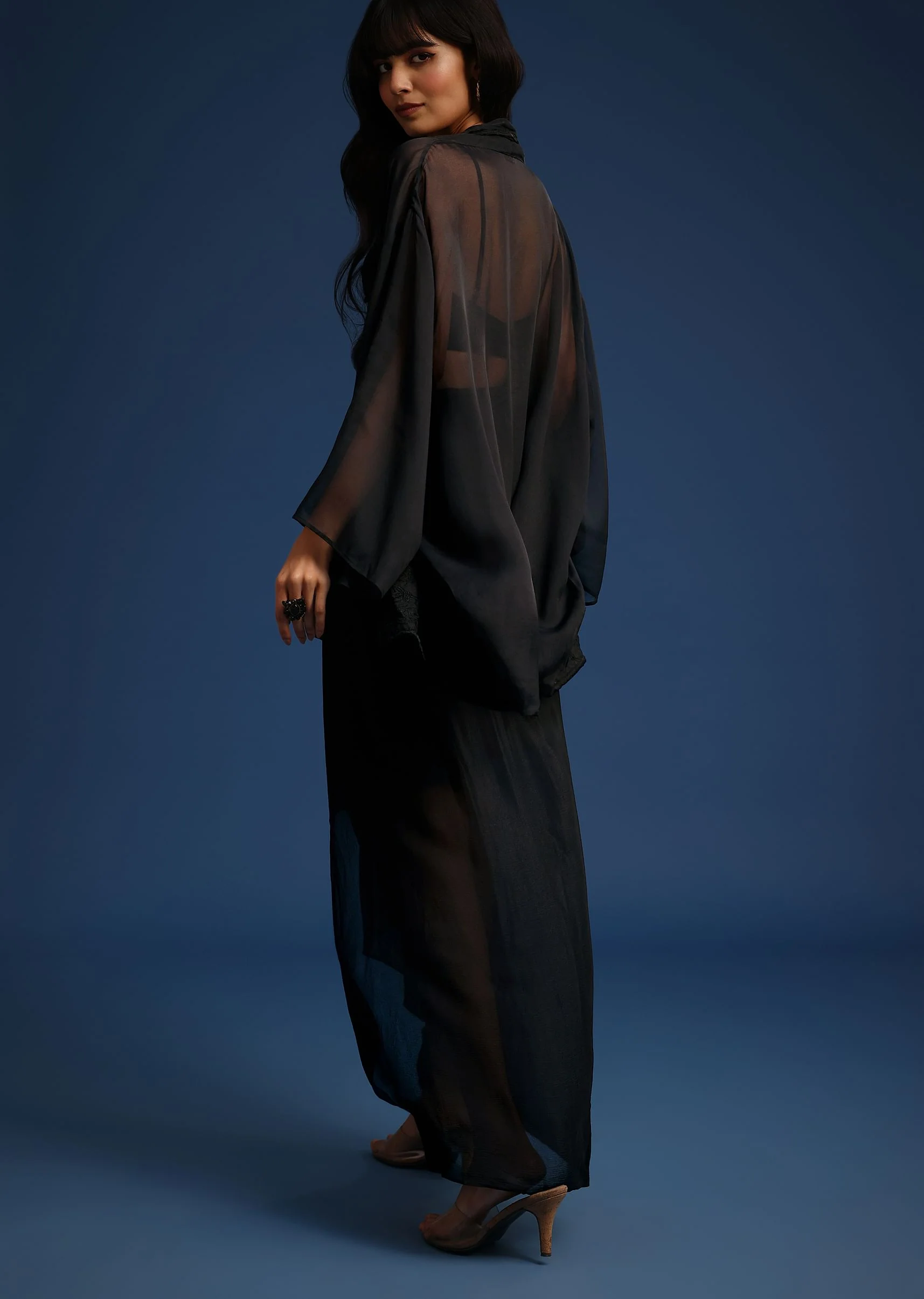 Black Chiffon Asymmetrical Skirt And Jacket Set - Image 6
