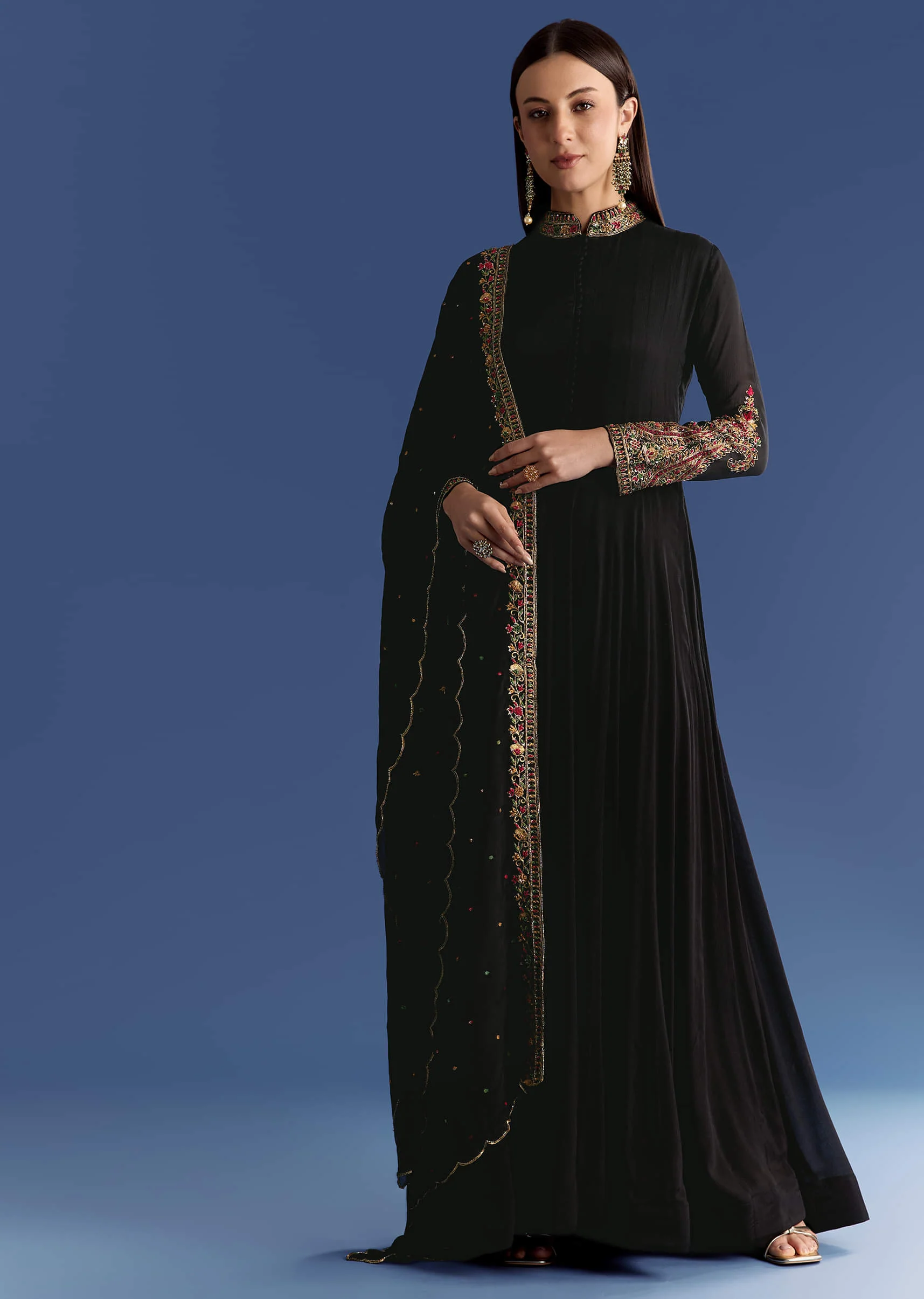 Black Chinon Anarkali With Embroidered Collar And Zari Dupatta - Image 2
