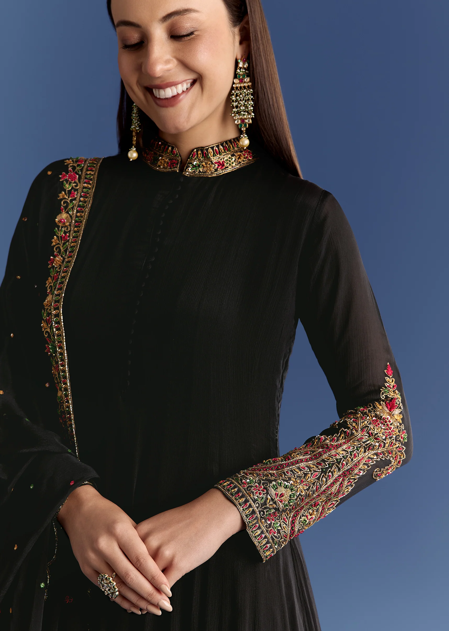 Black Chinon Anarkali With Embroidered Collar And Zari Dupatta - Image 3