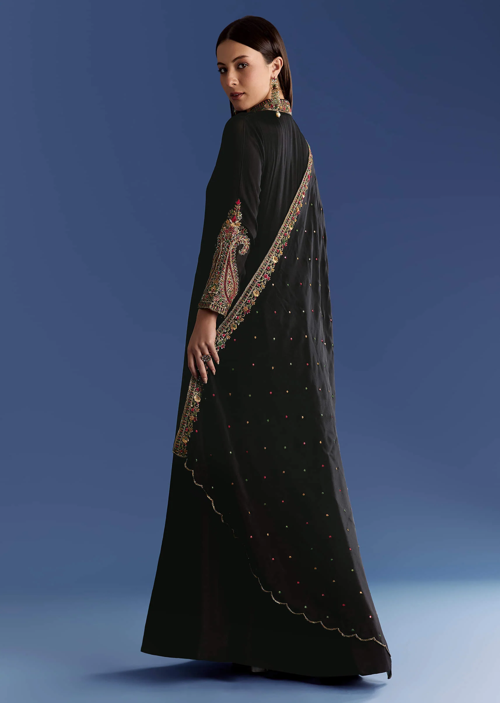 Black Chinon Anarkali With Embroidered Collar And Zari Dupatta - Image 4