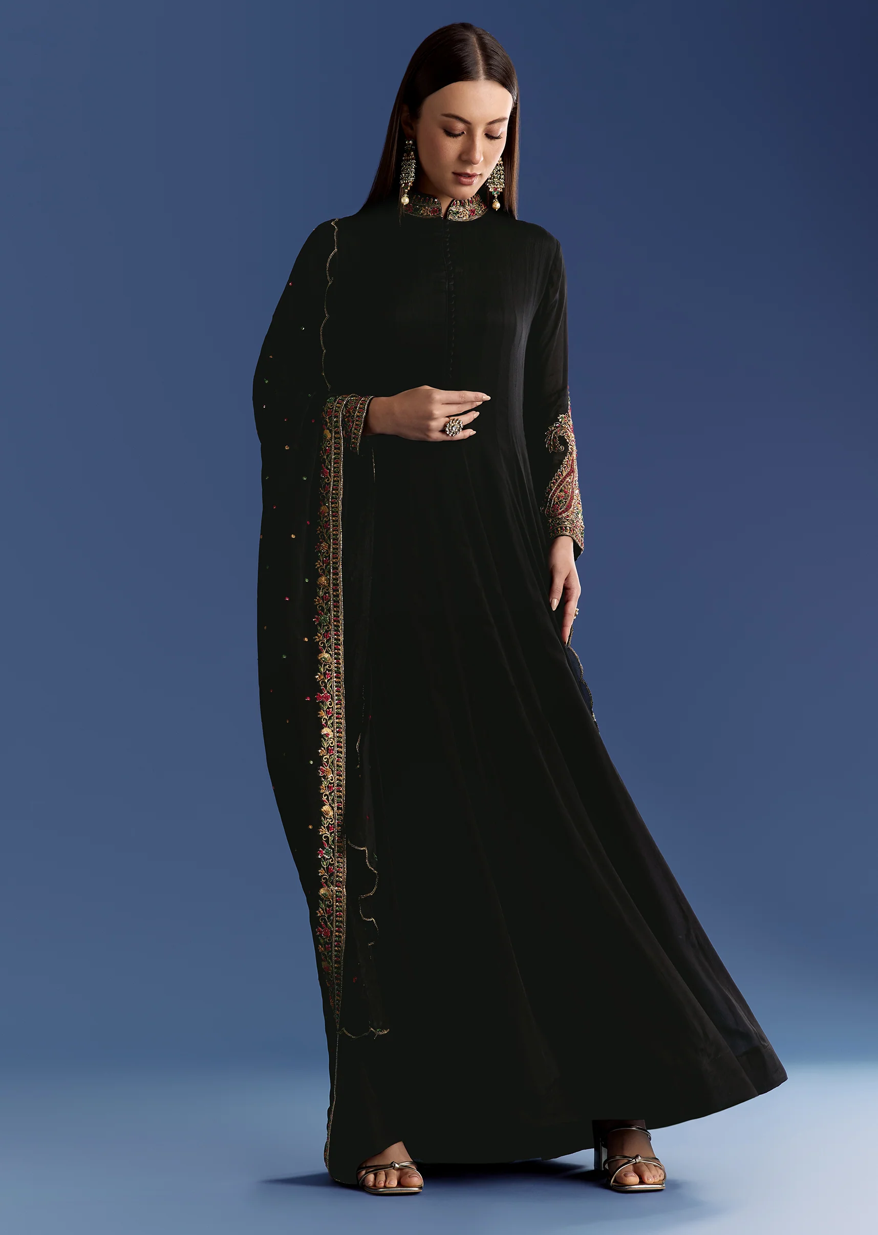 Black Chinon Anarkali With Embroidered Collar And Zari Dupatta - Image 5