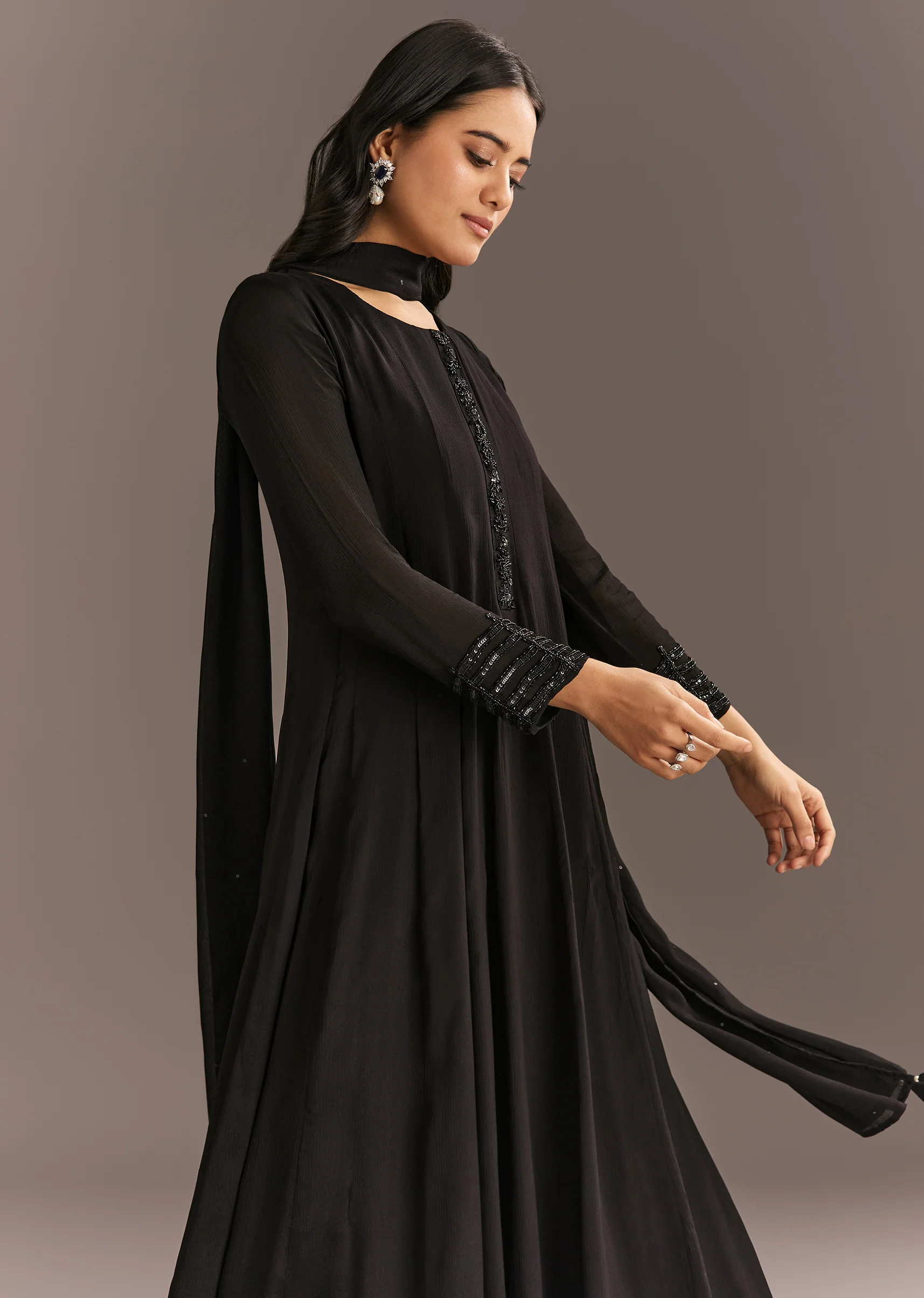 Black Chinon Beaded Sequin Anarkali Pant With Dupatta - Image 3