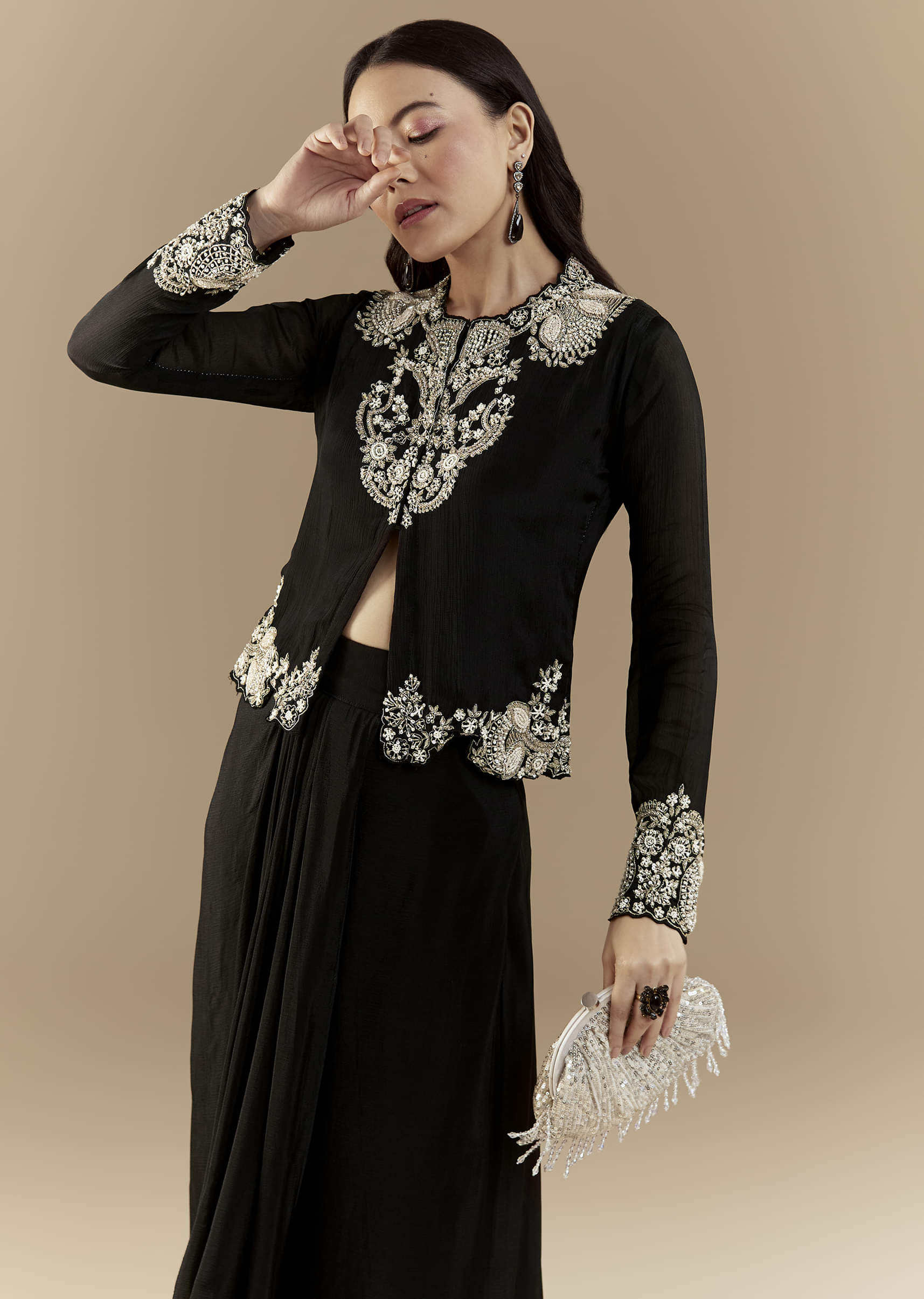 Black Chinon Crop Top and Skirt Set - Image 4