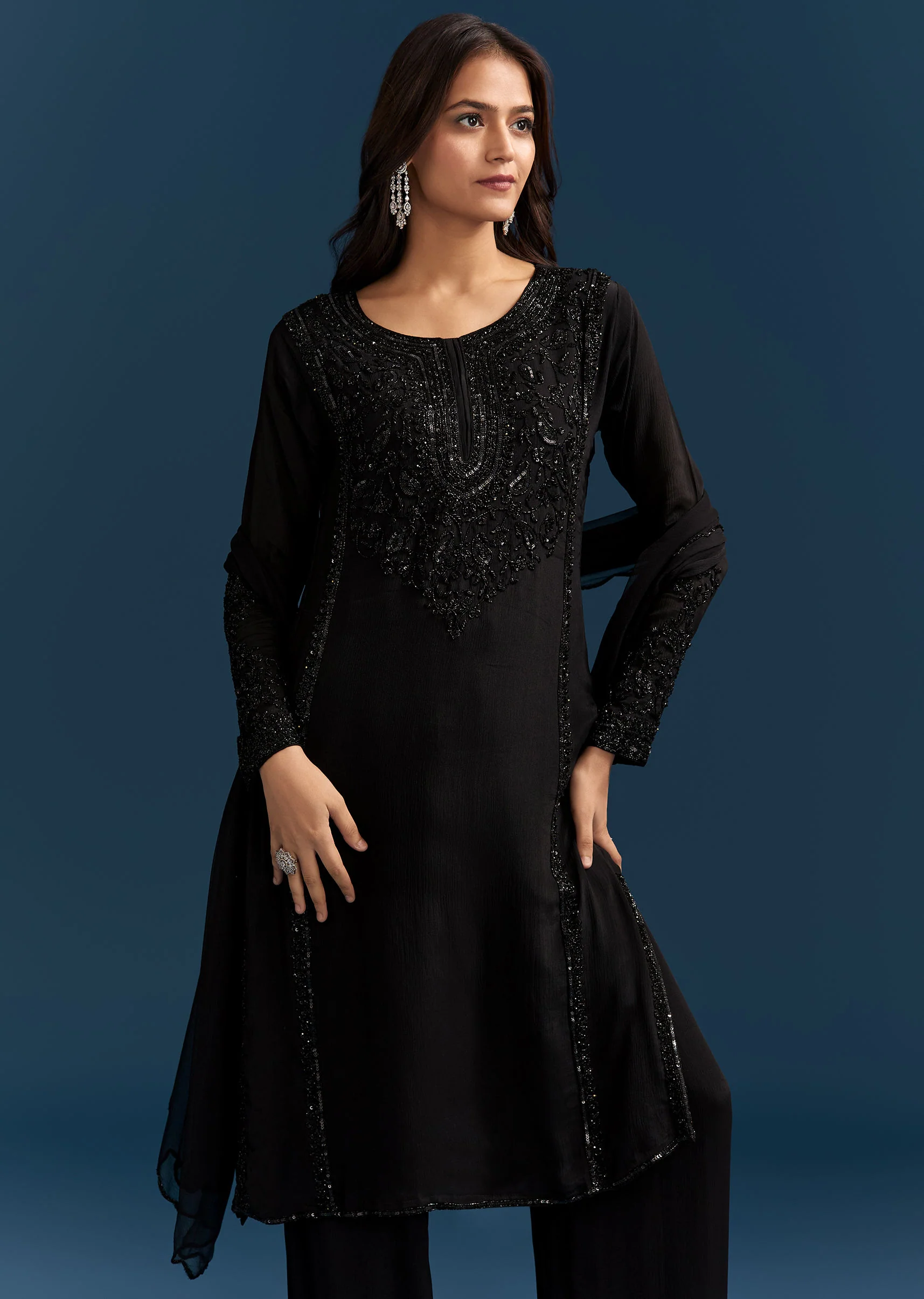 Black Chinon Kurta Set With Sequins And Cut Dana Work - Image 3