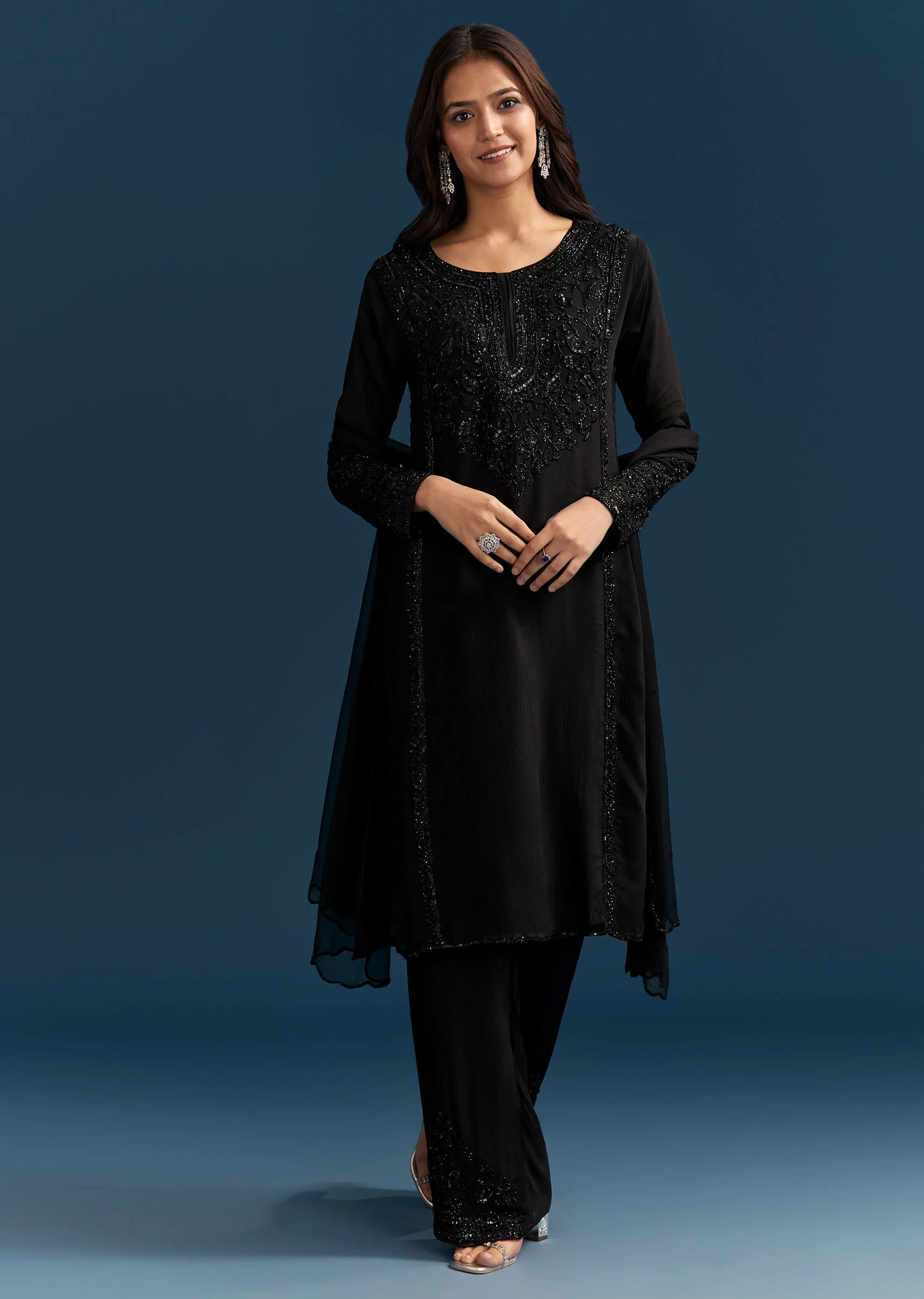 Black Chinon Kurta Set With Sequins And Cut Dana Work - Image 4