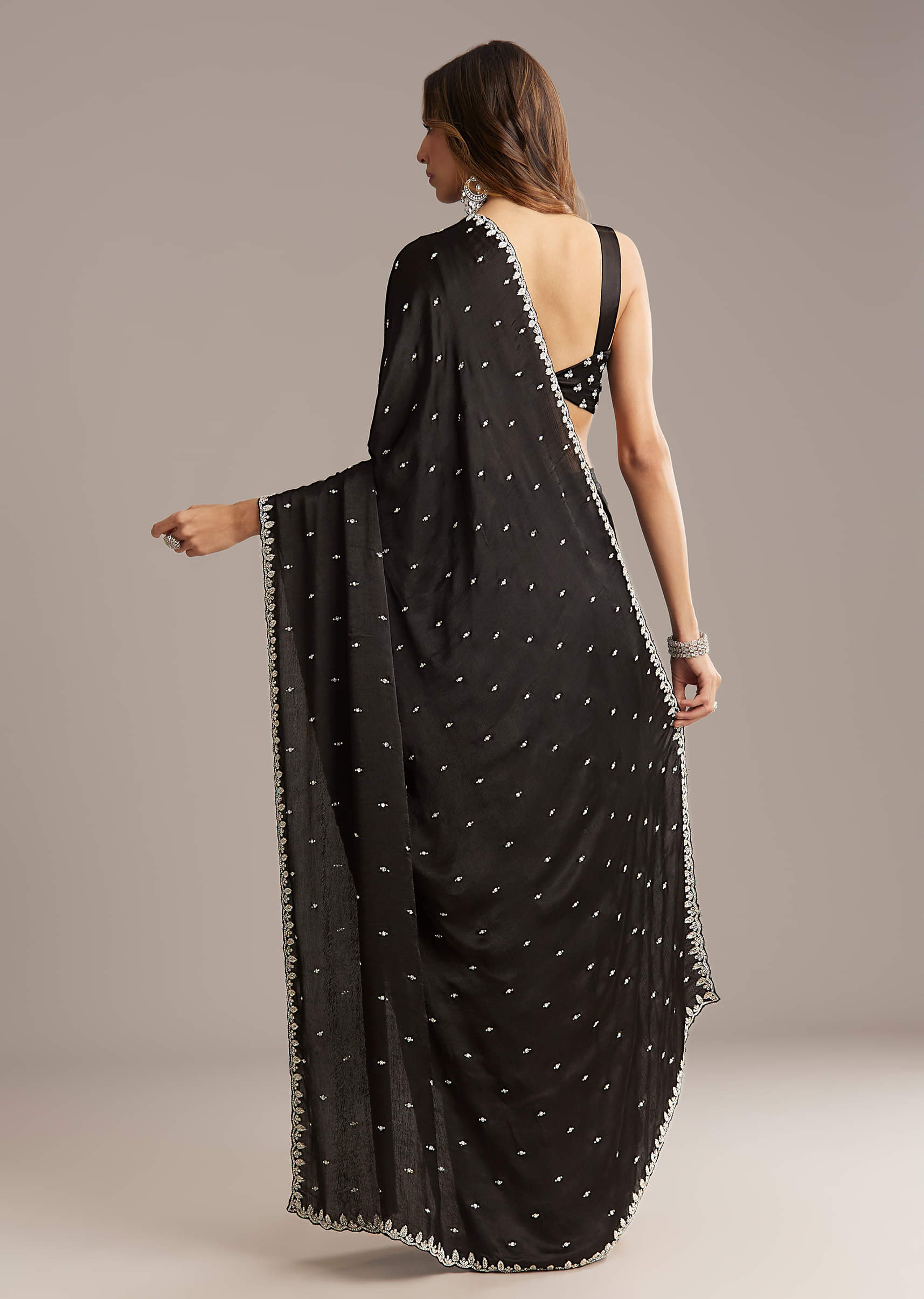 Black Chinon Saree With Stone And Cutdana Embroidery - Image 2