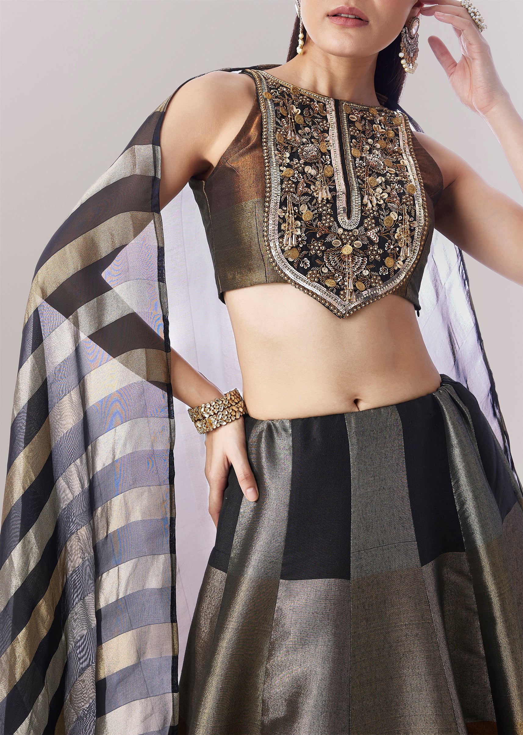 Black Colourblocked Lehenga With Sequins And Bead Work Choli - Image 3