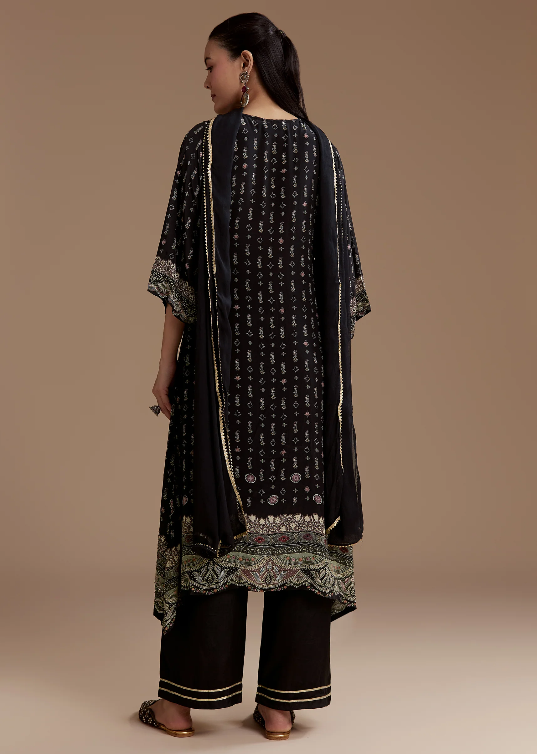 Black Contemporary Match – Stone Work Kurta Set For Her And Black Silk Kurta Set With Dupatta For Him - Image 5