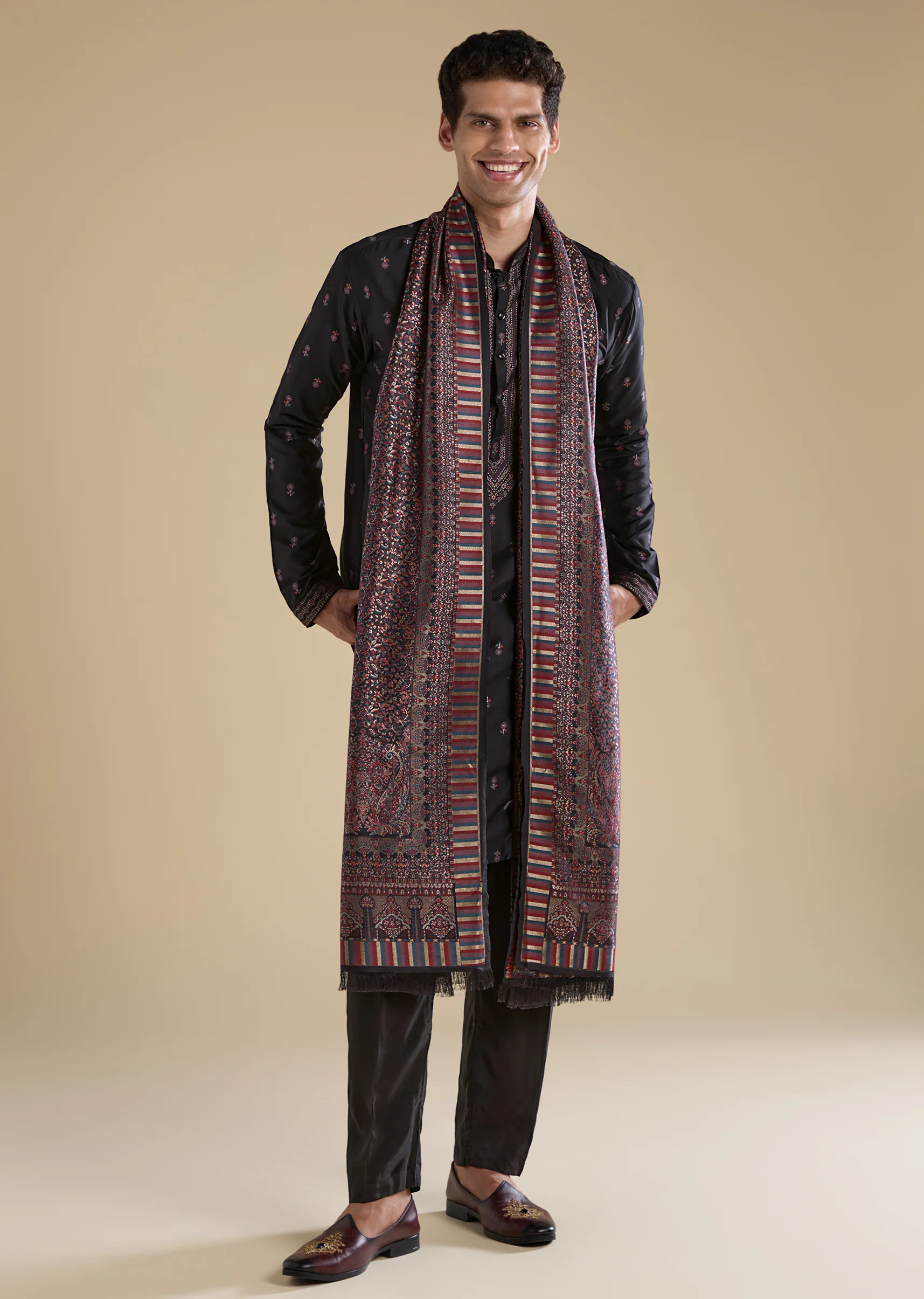 Black Contemporary Match – Stone Work Kurta Set For Her And Black Silk Kurta Set With Dupatta For Him - Image 9