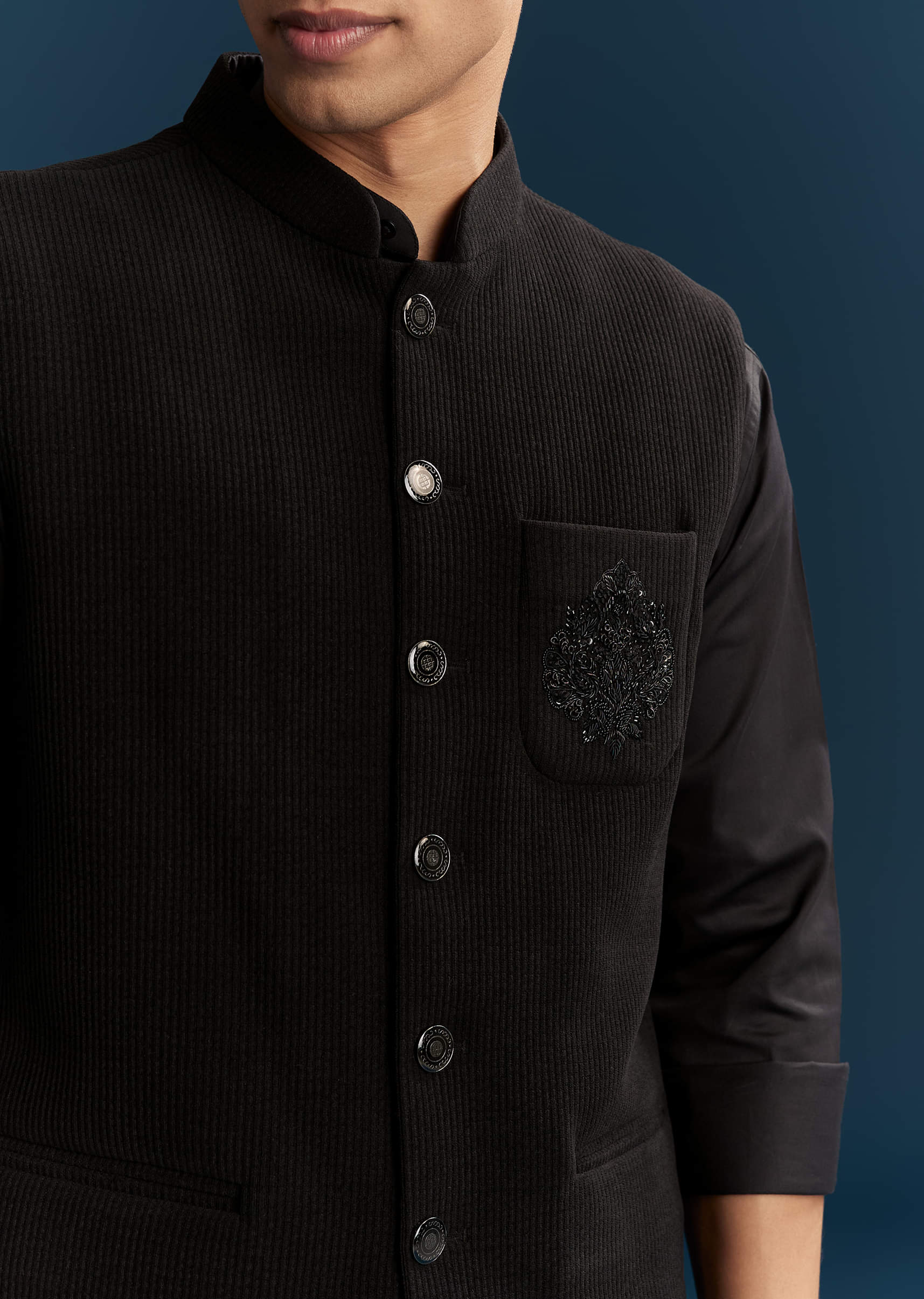 Black Corduroy Shirt Jacket For Men With Embroidery - Image 3
